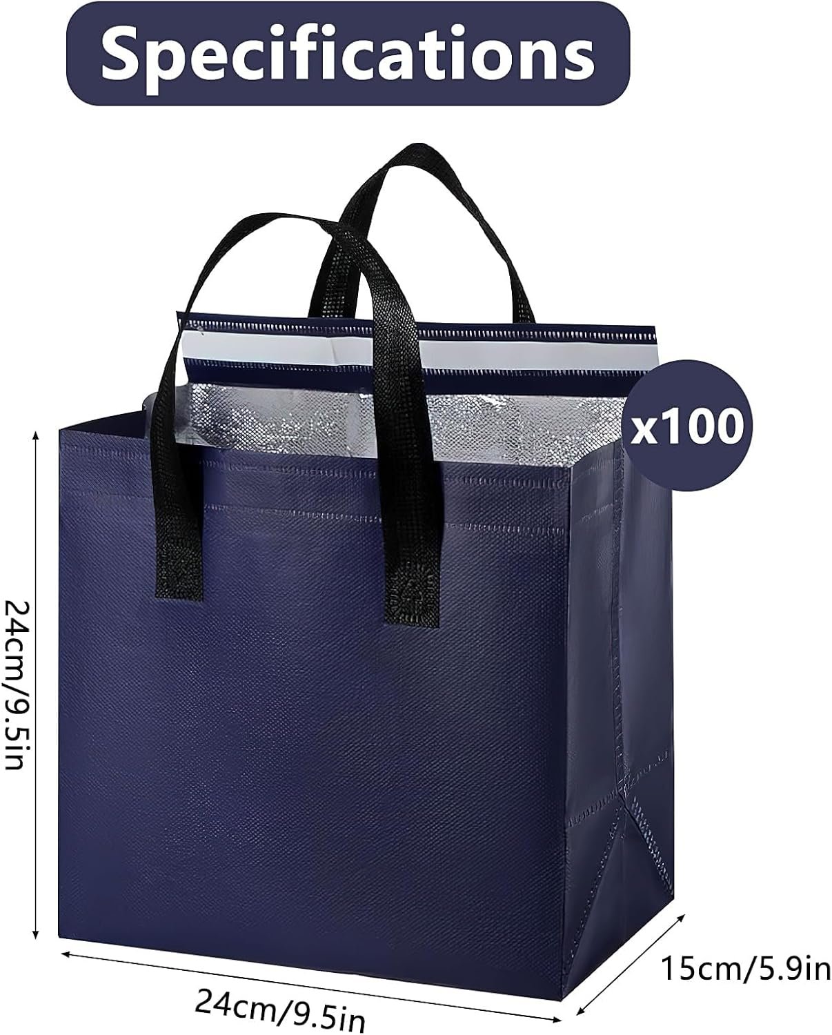 Bolsas Térmicas Reutilizables con Logo Personalizado, 100 Pcs, Ideales para Entrega de Alimentos Fríos y Calientes, Marca Blanca, Proveedor de Bolsas para Restaurante y Picnic (9.5 x 6 x 9.5 in)
