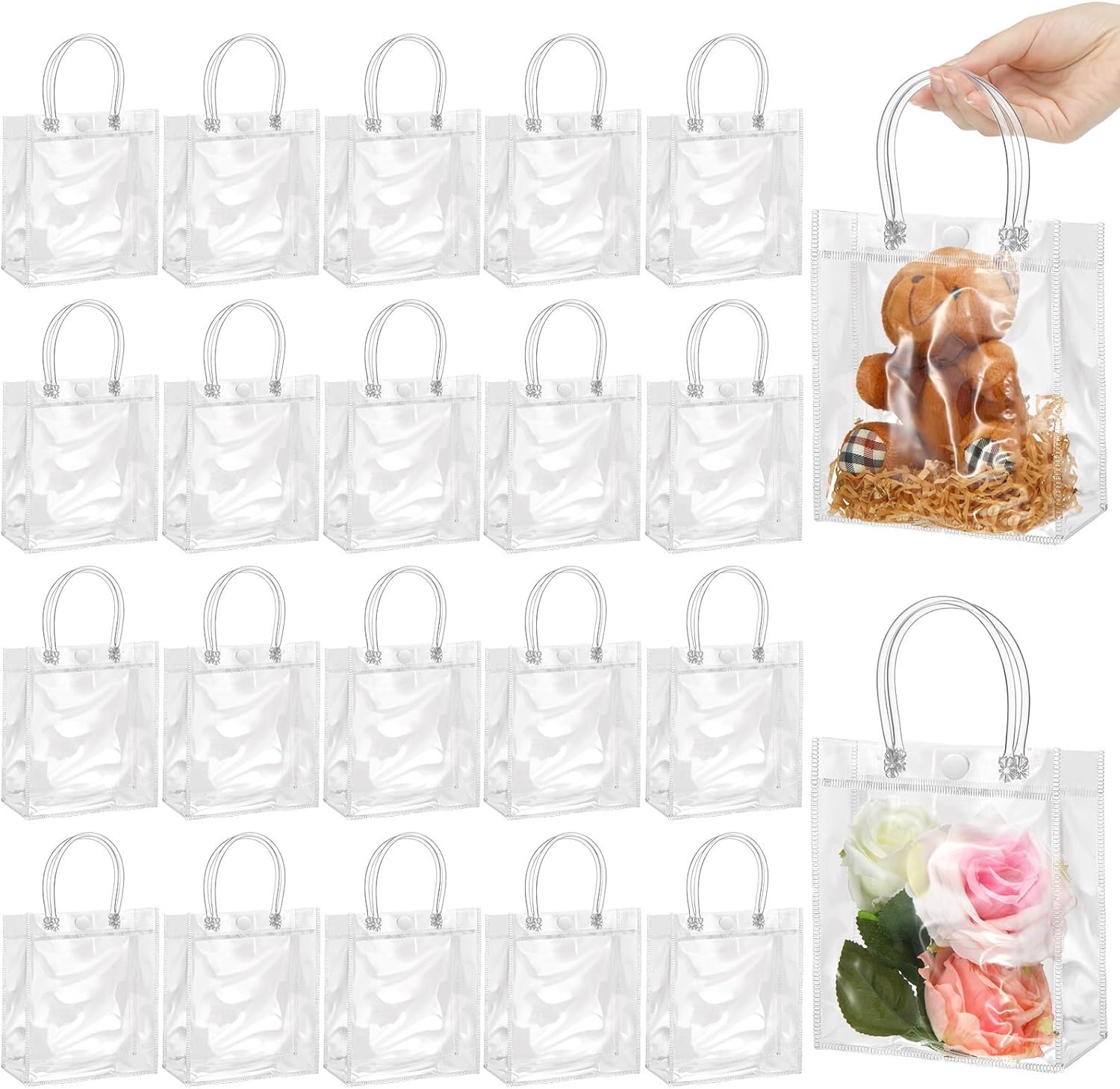 Bolsas de Regalo Plásticas Transparentes de 20 Piezas con Asa para Recuerdos de Boda, 5.1" L x 2.75" W x 5.9" H - Marca Blanca, Embalaje Premium de Fábrica