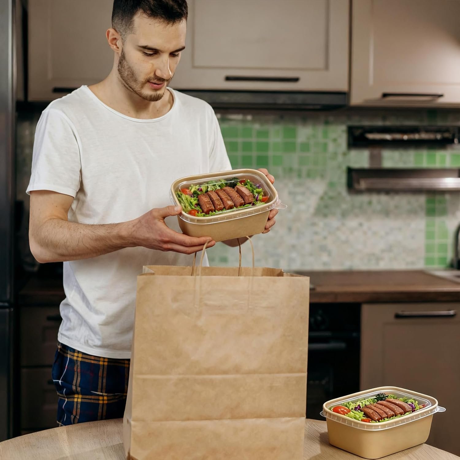 Logo Personalizado Tazón de Papel Grande de 32 Oz con Tapas y Cubiertos, Envases Desechables Compostables para Preparación de Comidas, Marca Blanca de Fábrica para Fiestas