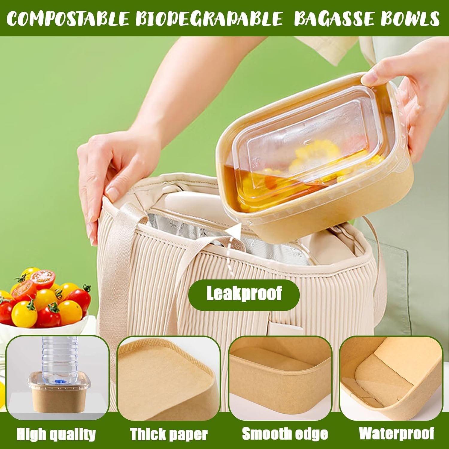 Logo Personalizado Tazón de Papel Grande de 32 Oz con Tapas y Cubiertos, Envases Desechables Compostables para Preparación de Comidas, Marca Blanca de Fábrica para Fiestas