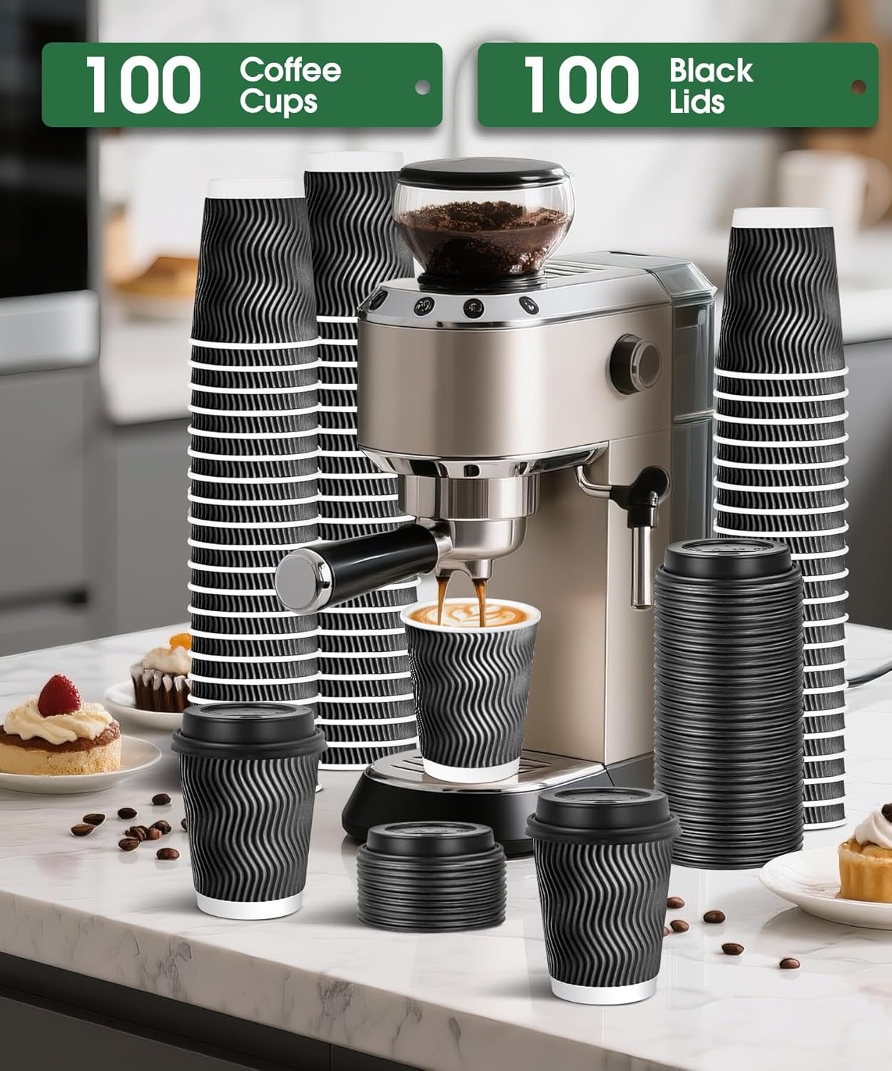 Logo Personalizado 100 Paquete de Tazas de Café Desechables de 8 oz con Tapas, Tazas Aisladas para Bebidas Calientes/Frías, Tazas de Pared Corrugada para Espresso, Chocolate Caliente y Cacao - Proveedor.