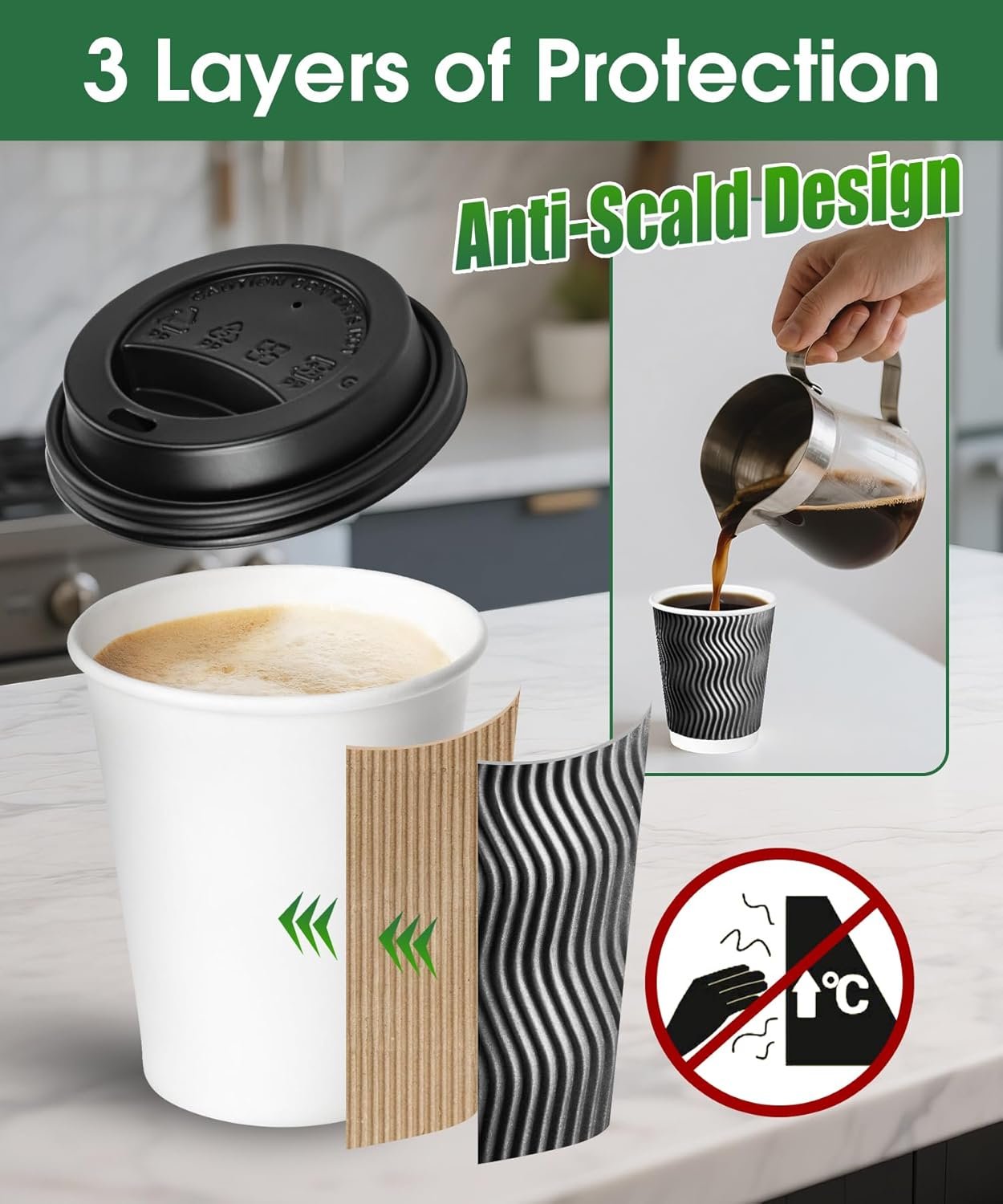 Logo Personalizado 100 Paquete de Tazas de Café Desechables de 8 oz con Tapas, Tazas Aisladas para Bebidas Calientes/Frías, Tazas de Pared Corrugada para Espresso, Chocolate Caliente y Cacao - Proveedor.