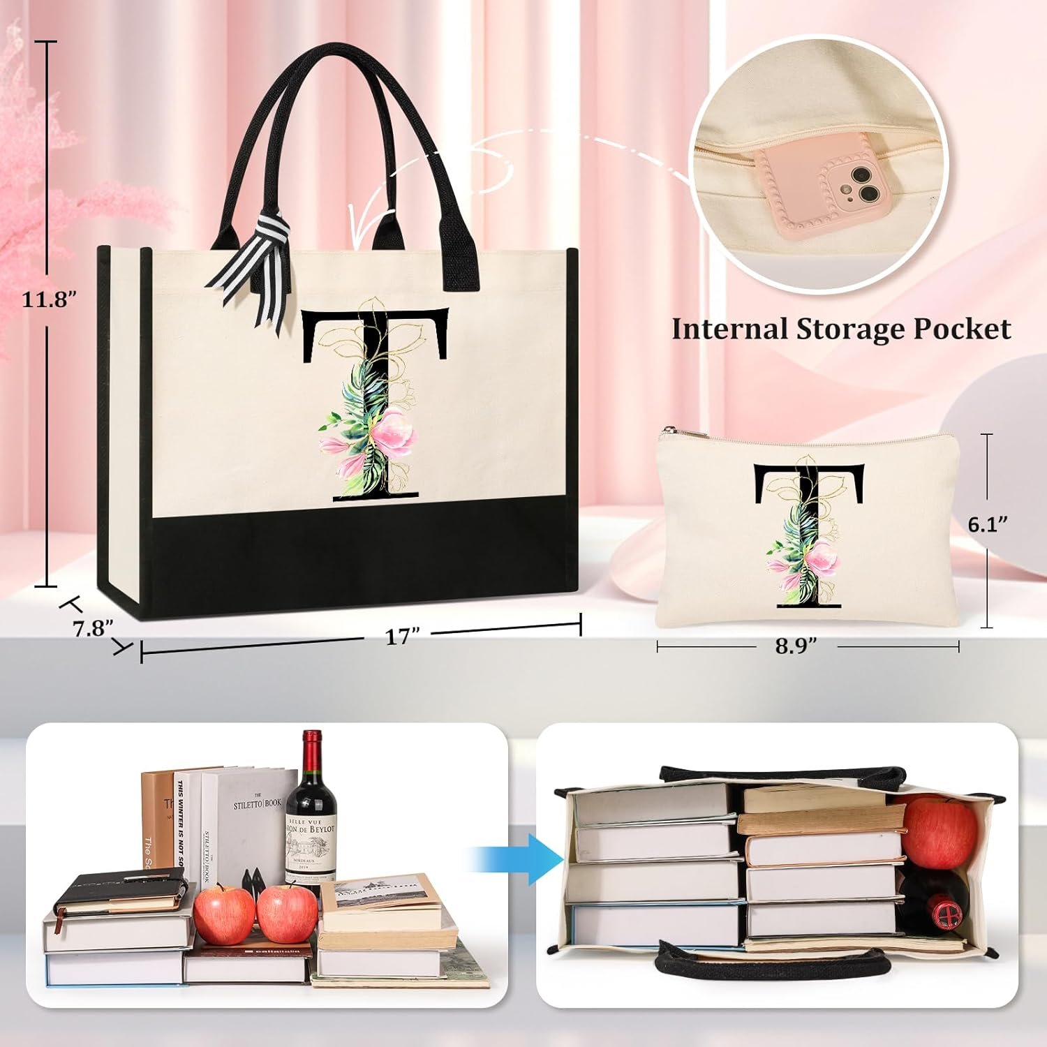 Logo Personalizado Bolsa de Playa de Lona, Cosméticos, Tote, Maquillaje, Regalos para Hermana, Mamá, Maestra, Dama de Honor, Fabricante.