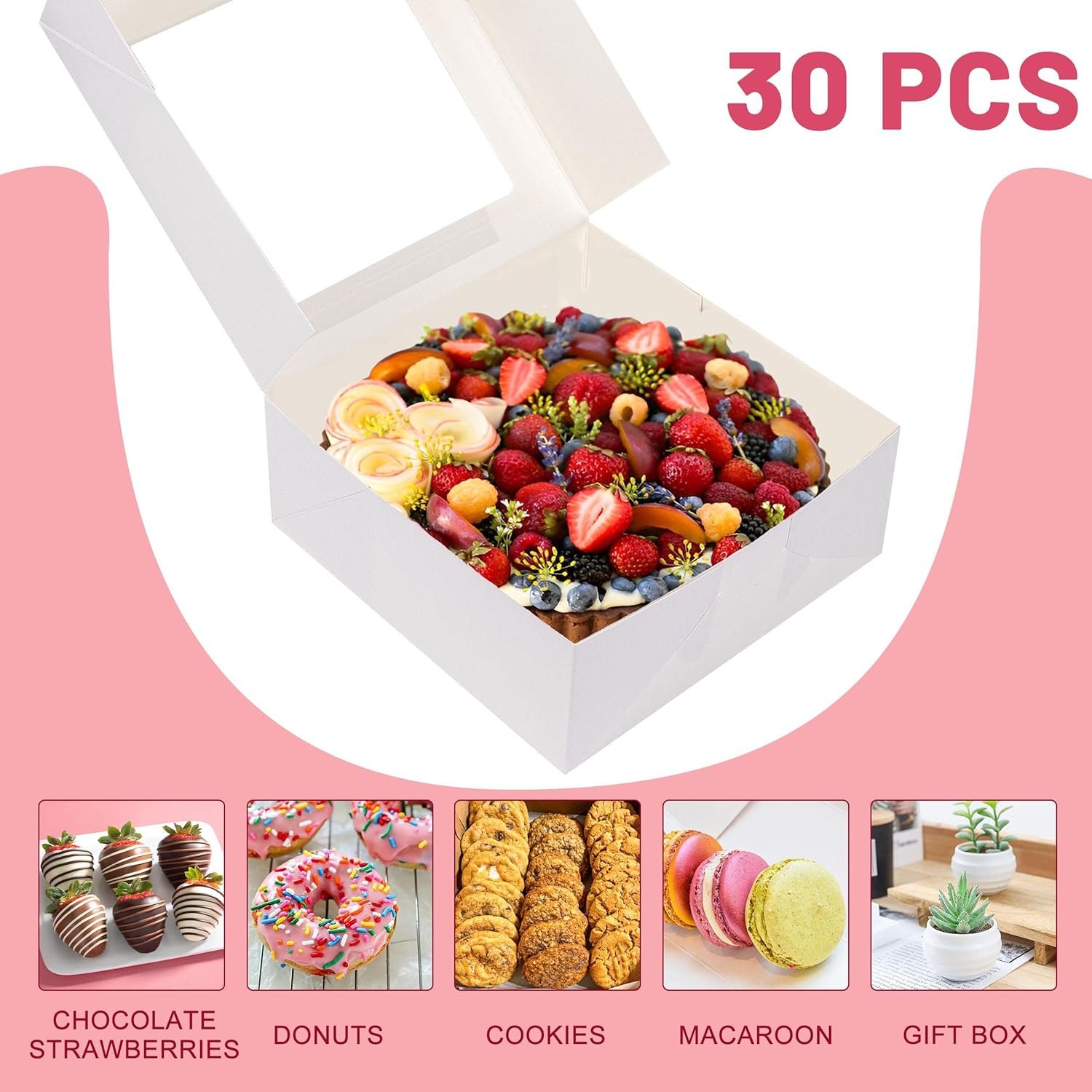 Cajas de pastelería 8x8x3 pulgadas con ventana para chocolate y fresas, ideales para pie, pastel, cupcake, galleta y macaron. Marca blanca con logo personalizado, Proveedor de 30 unidades, blanco. Cajas de pastelería 8x8x3 pulgadas con ventana para chocolate y fresas, ideales para pie, pastel, cupcake, galleta y macaron. Marca blanca con logo personalizado, Proveedor de 30 unidades, blanco.