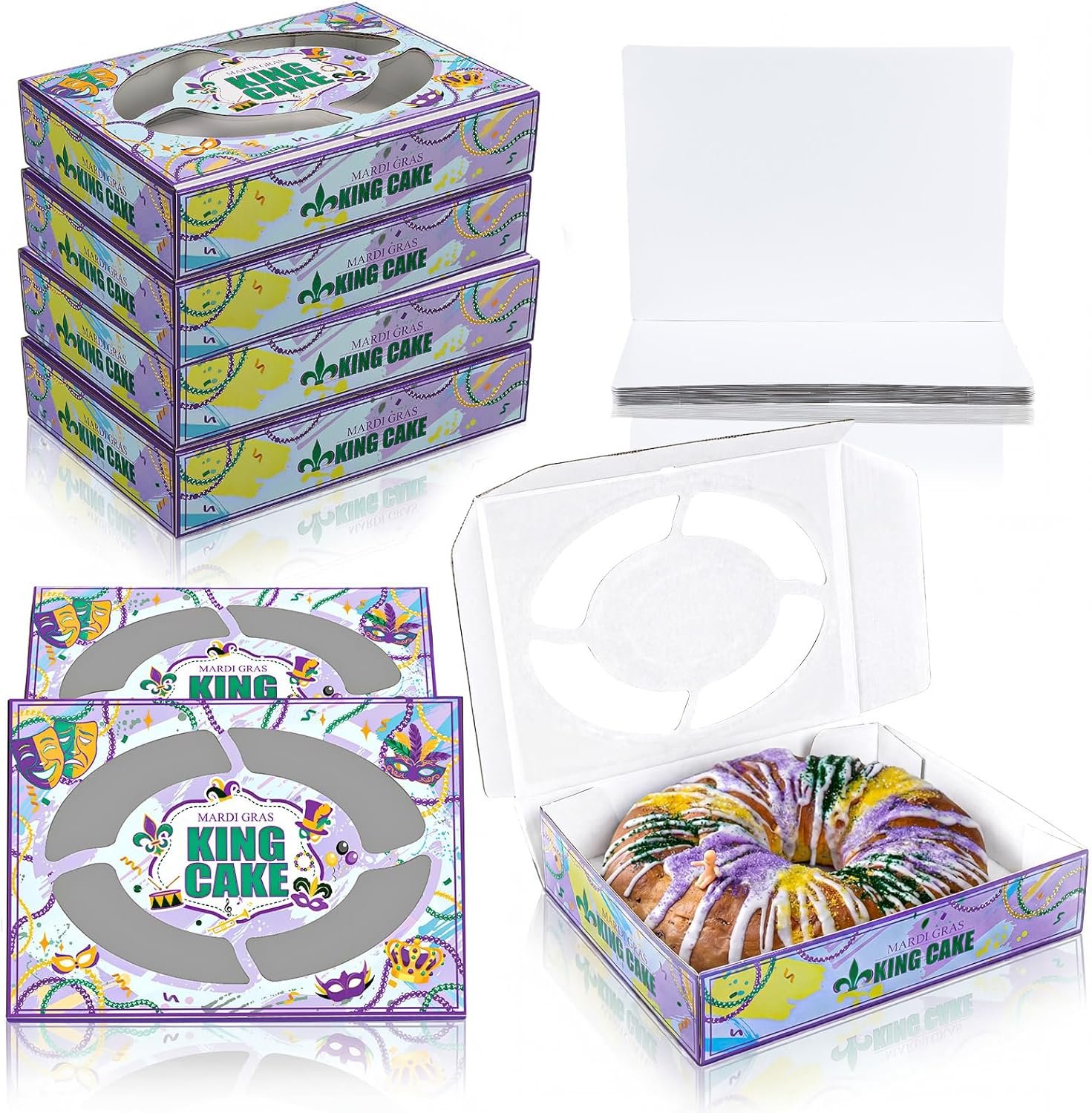 Logo Personalizado Cajas de Cartón de 20 Piezas para Pasteles de Reyes de Mardi Gras con Ventana 14 x 10 x 3 Pulgadas y Tableros (10 Cajas y 10 Tableros) Cajas Resistentes de Pastelería Marca Blanca Proveedor.