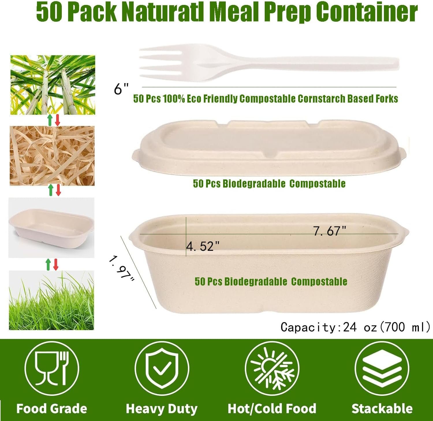 Contenedores desechables para comida de 24oz con tapa, 50 unidades en fibra de caña de azúcar, ideales para comida para llevar, aptos para microondas y congelador, incluyen tenedores, Marca Blanca de Fábrica 101.