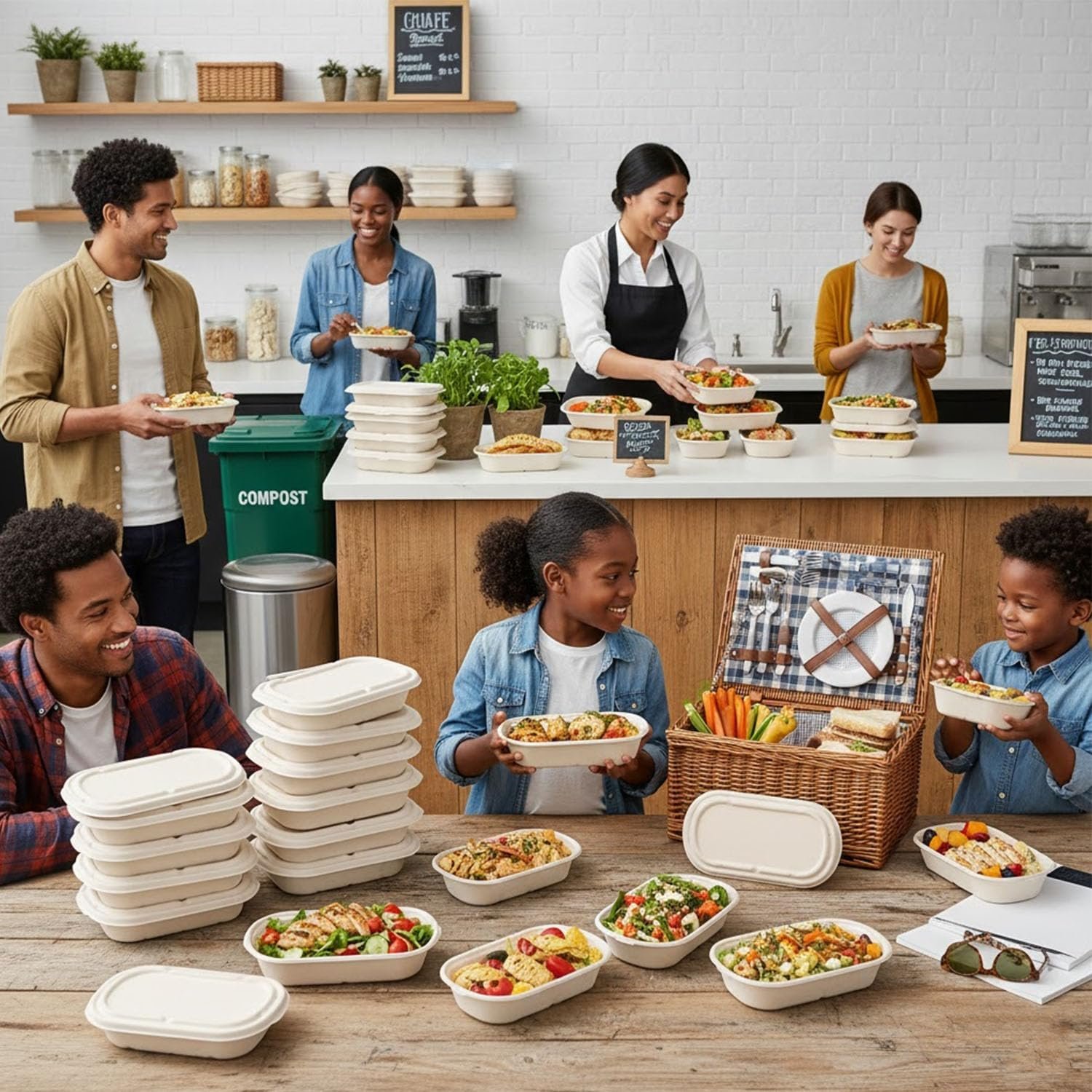 Contenedores desechables para comida de 24oz con tapa, 50 unidades en fibra de caña de azúcar, ideales para comida para llevar, aptos para microondas y congelador, incluyen tenedores, Marca Blanca de Fábrica 101.