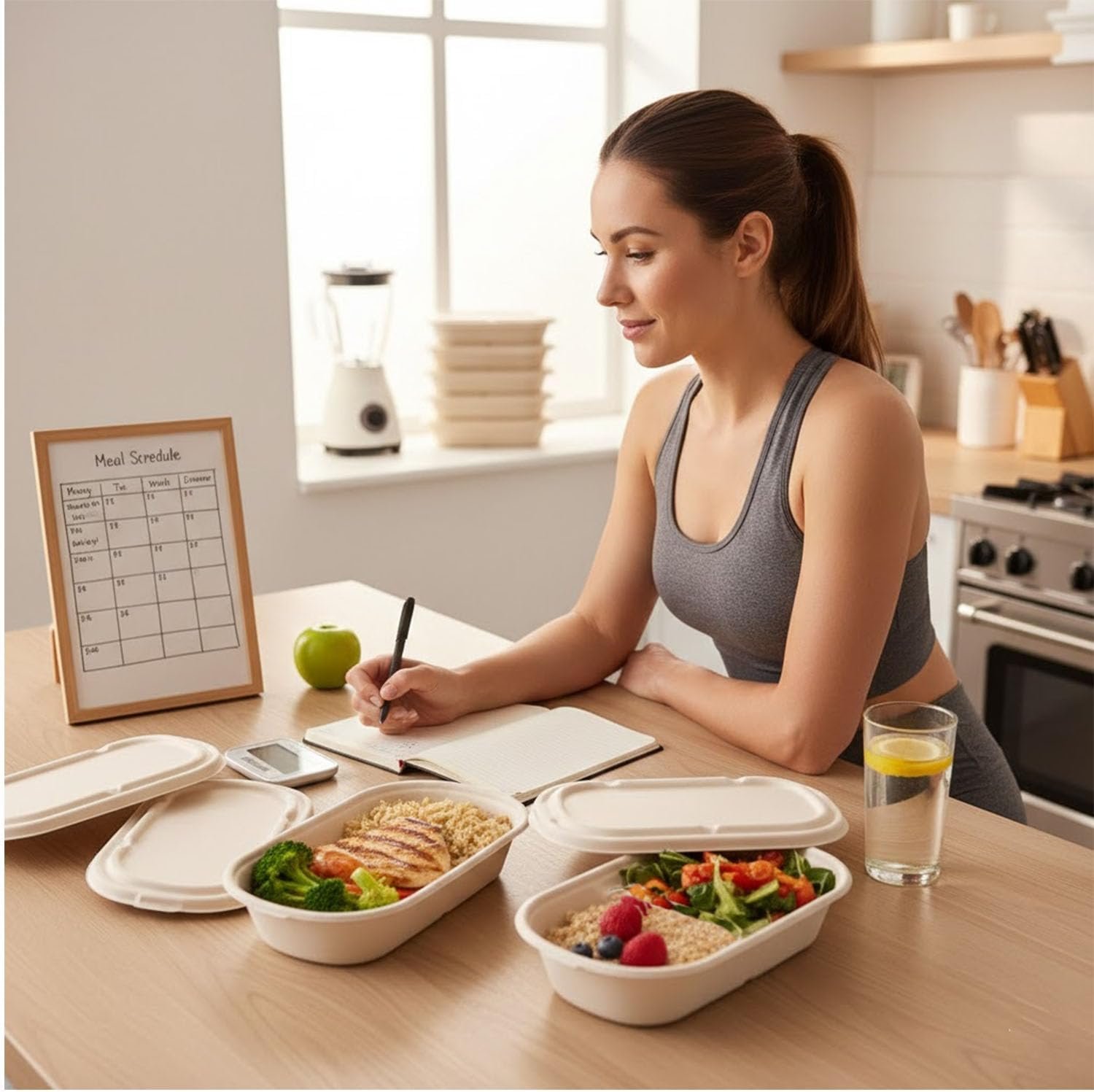 Contenedores desechables para comida de 24oz con tapa, 50 unidades en fibra de caña de azúcar, ideales para comida para llevar, aptos para microondas y congelador, incluyen tenedores, Marca Blanca de Fábrica 101.