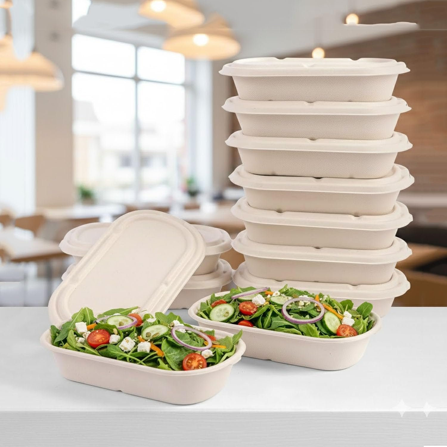 Contenedores desechables para comida de 24oz con tapa, 50 unidades en fibra de caña de azúcar, ideales para comida para llevar, aptos para microondas y congelador, incluyen tenedores, Marca Blanca de Fábrica 101.