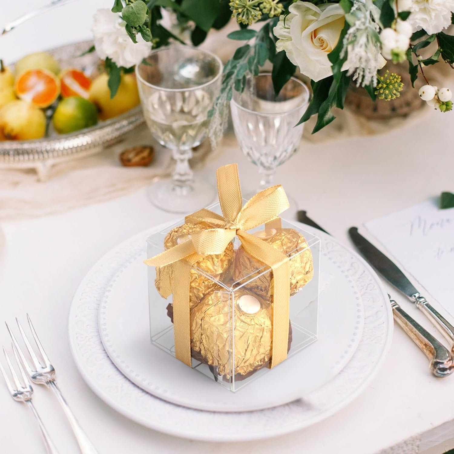 Cajas de Favor Personalizadas 50pcs 2x2x2 Pulgadas Transparentes con Ribbons, Cajas de Plástico Pequeñas para Regalos de Boda, Baby Shower, Cumpleaños y Aula, Proveedor de Marca Blanca.
