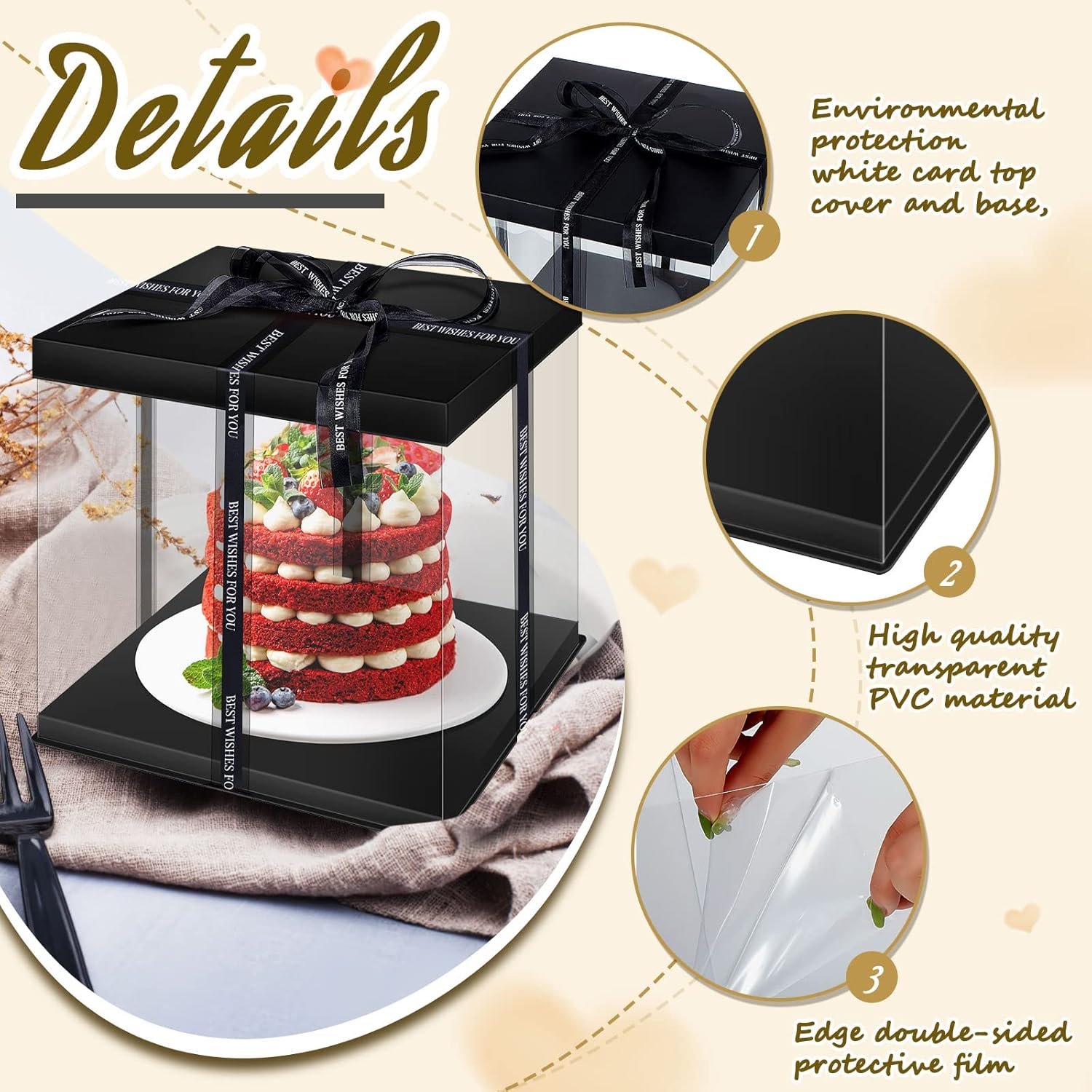 Caja para Pasteles Grande de 9 Piezas con Cinta y Tapa Preplegada, 10 x 10 x 9 Pulgadas, Ideal para Pasteles de 8 Pulgadas, Empaque de Regalo, Fiesta de Cumpleaños y Boda, Marca Blanca, Proveedor de Soluciones de Empaque