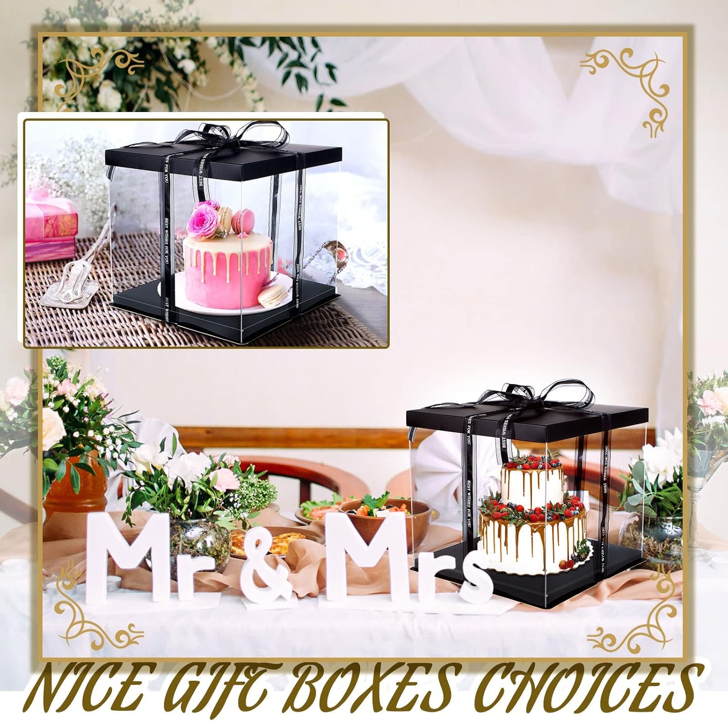 Caja para Pasteles Grande de 9 Piezas con Cinta y Tapa Preplegada, 10 x 10 x 9 Pulgadas, Ideal para Pasteles de 8 Pulgadas, Empaque de Regalo, Fiesta de Cumpleaños y Boda, Marca Blanca, Proveedor de Soluciones de Empaque