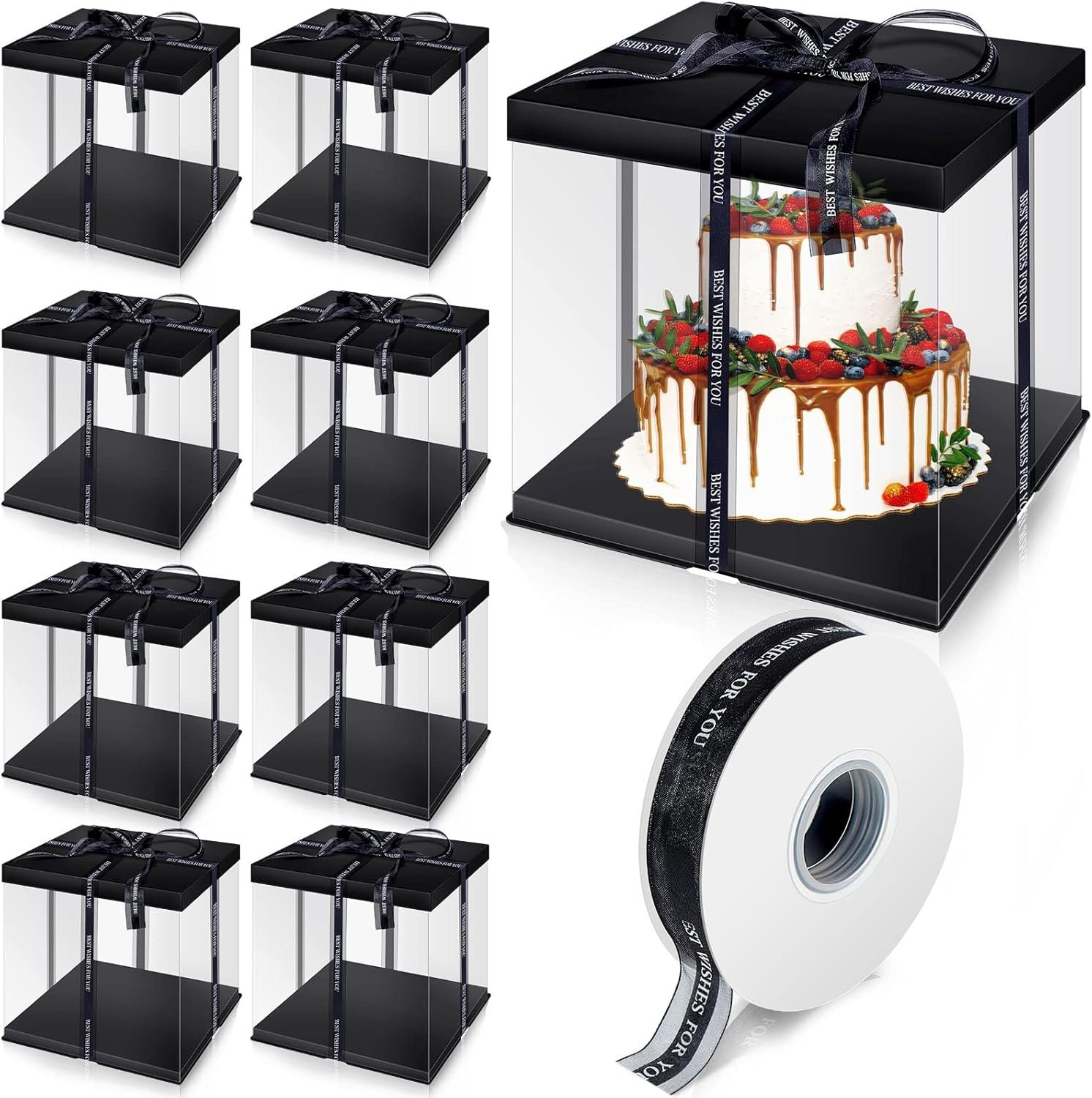 Caja para Pasteles Grande de 9 Piezas con Cinta y Tapa Preplegada, 10 x 10 x 9 Pulgadas, Ideal para Pasteles de 8 Pulgadas, Empaque de Regalo, Fiesta de Cumpleaños y Boda, Marca Blanca, Proveedor de Soluciones de Empaque