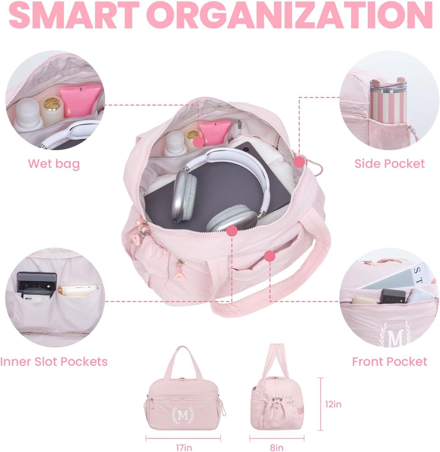Logo Personalizado Bolso de deporte con monograma para niñas, regalo de Navidad para mujeres, amigos y niños, ideal para cumpleaños de adolescentes, mamás, hijas y abuelas. Preparado para marca blanca en Fábrica (Rosado, M).
