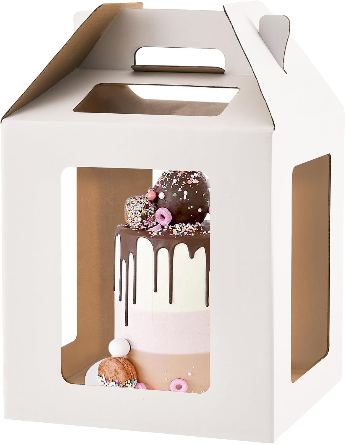 Caja para Pasteles con Ventanas y Asa, 10x10x10 pulgadas, Transportador Alto para Pasteles Encapados, Marca Blanca, Proveedor.