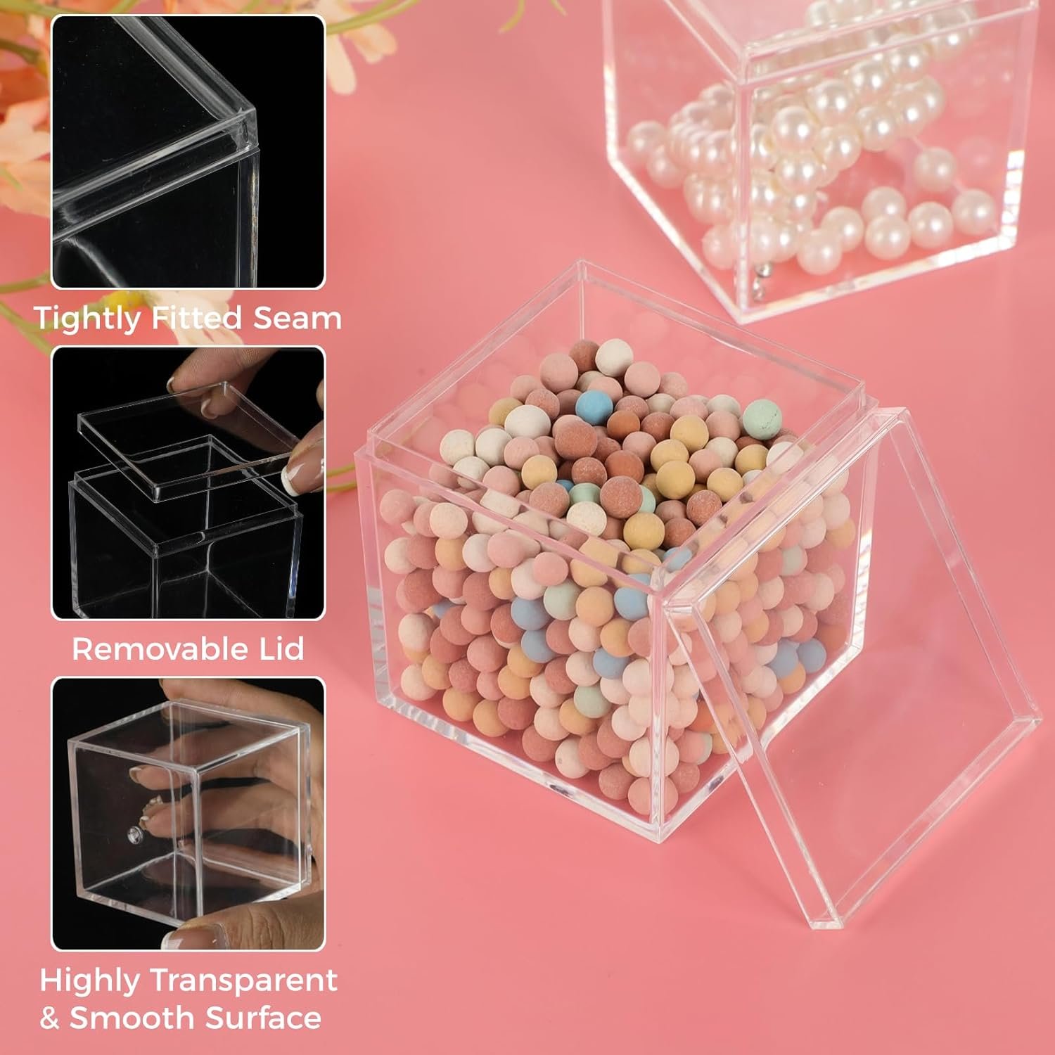 Logo Personalizado 40 Pcs Cajas Acrílicas - Cajas de Exhibición Transparentes Pequeñas Cuadradas 2.2 x 2.2 x 2.2 in, con Tapa para Dulces, Pastillas, Pendientes, Joyería, Cuentas Pequeñas Marca Blanca, Fábrica.