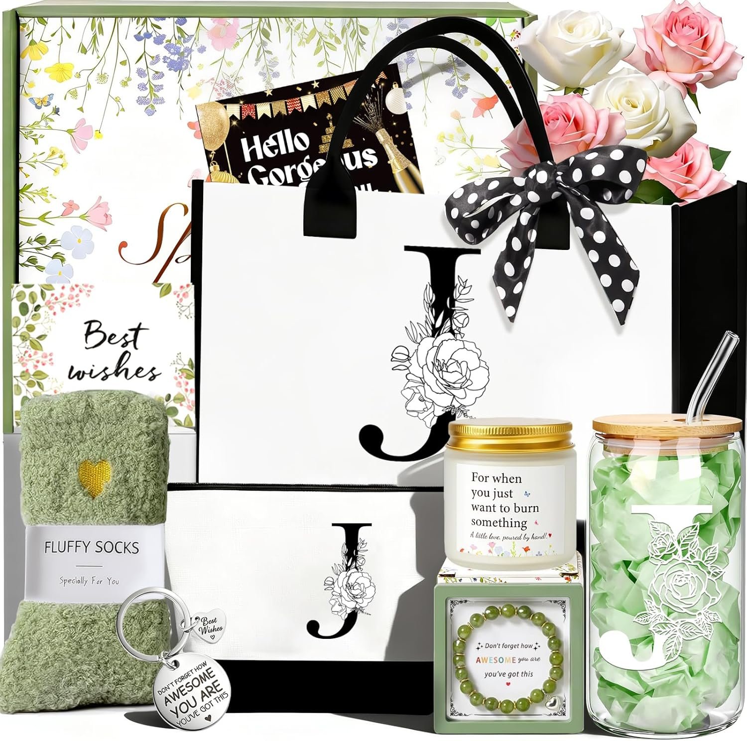 Regalos de cumpleaños para mujeres, bolsa de maquillaje personalizada con logo, regalo del Día de la Madre para esposa, madre, amiga, hija, hermana o novia, bolso de inicial (J) y proveedor de productos personalizados.