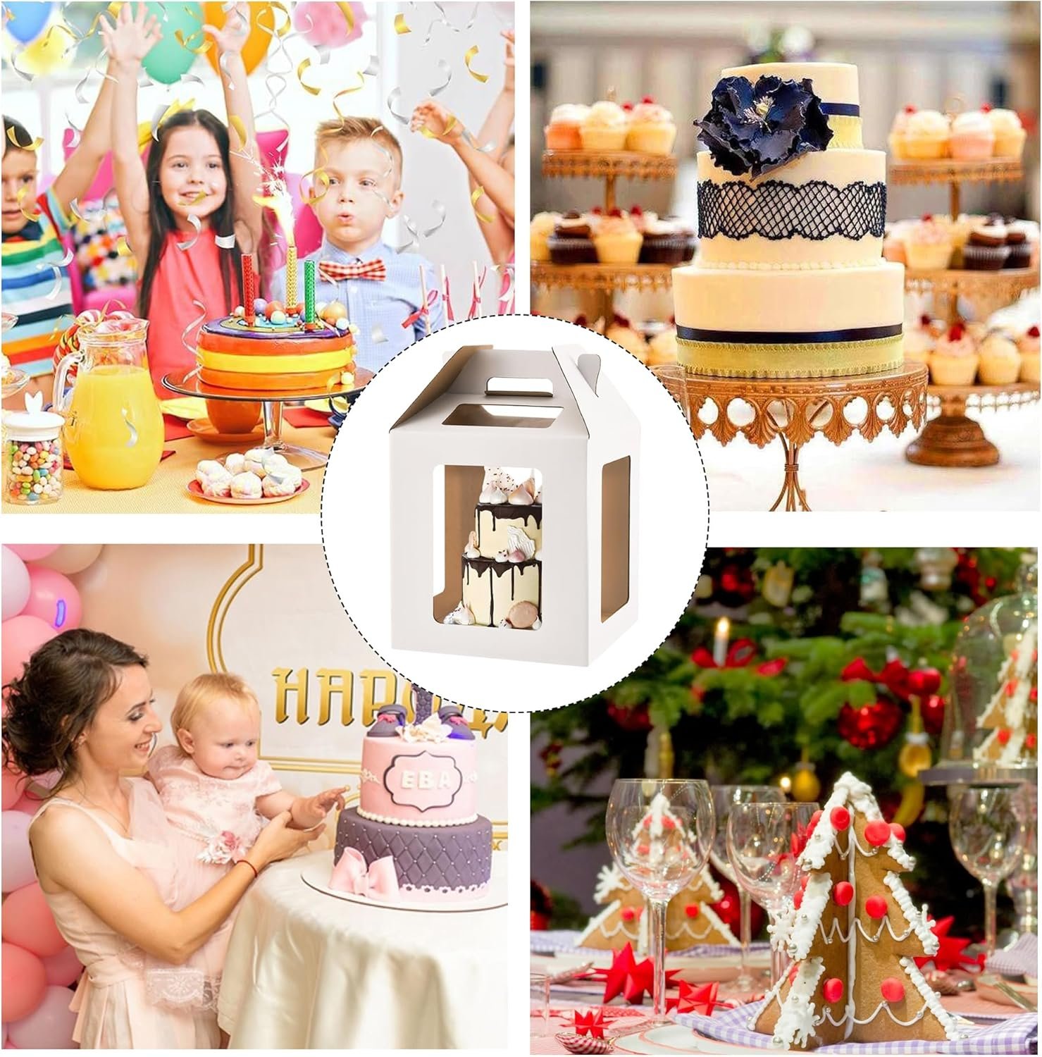 Caja de pastel alta con 6 ventanas y asa, personalizable con logo, en 3 tamaños 10x10x10, 12x12x12 y 14x14x14 pulgadas. Transportador de pasteles cuadrado, ideal para marca blanca, fabricado por nuestros proveedores (3 piezas - blanco).