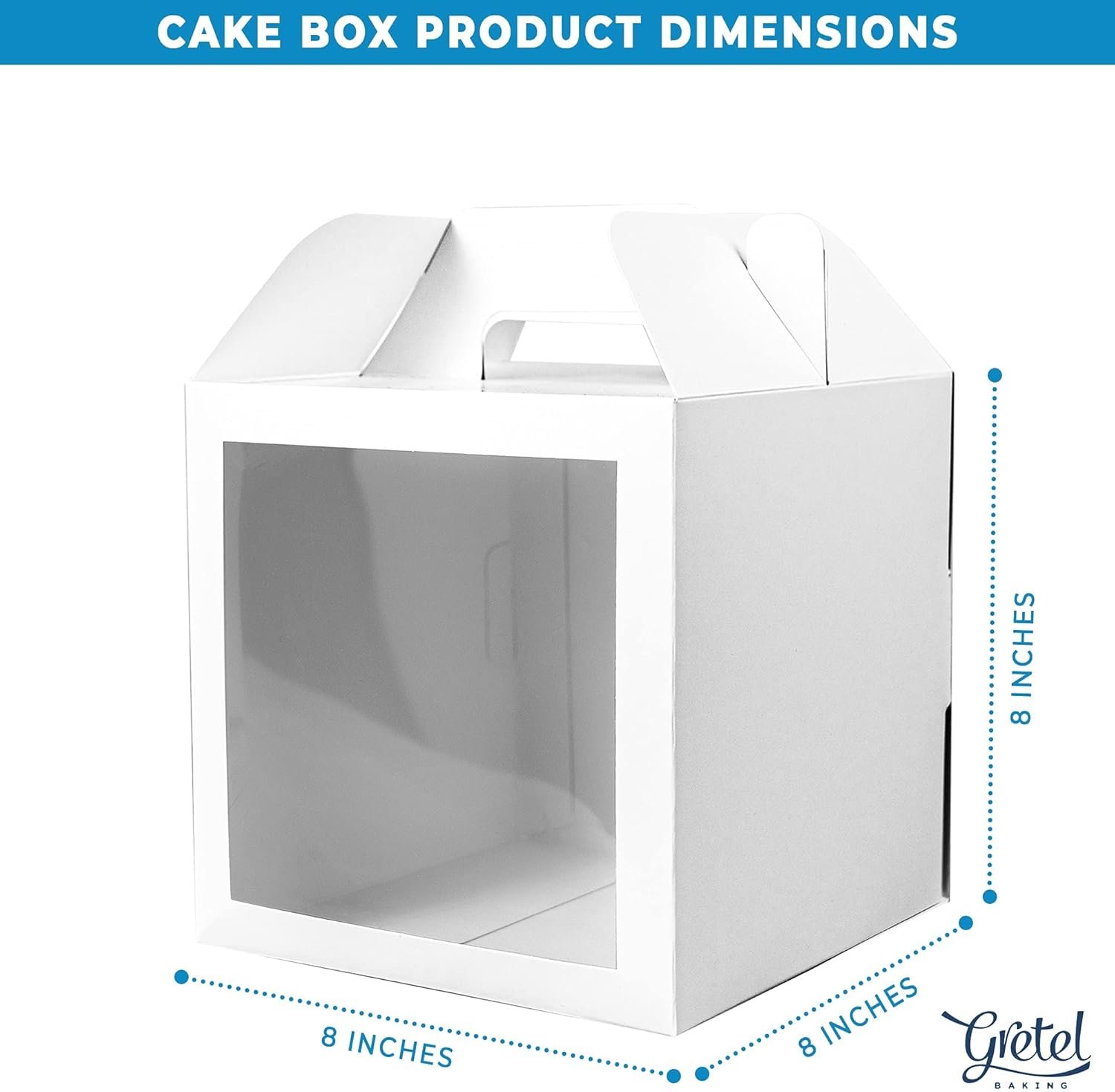 Caja desechable para pasteles altos con ventana y mango de 10 unidades de 8x8x8 pulgadas | Marca blanca y logo personalizado | Proveedor de envases para repostería Caja desechable para pasteles altos con ventana y mango de 10 unidades de 8x8x8 pulgadas | Marca blanca y logo personalizado | Proveedor de envases para repostería
