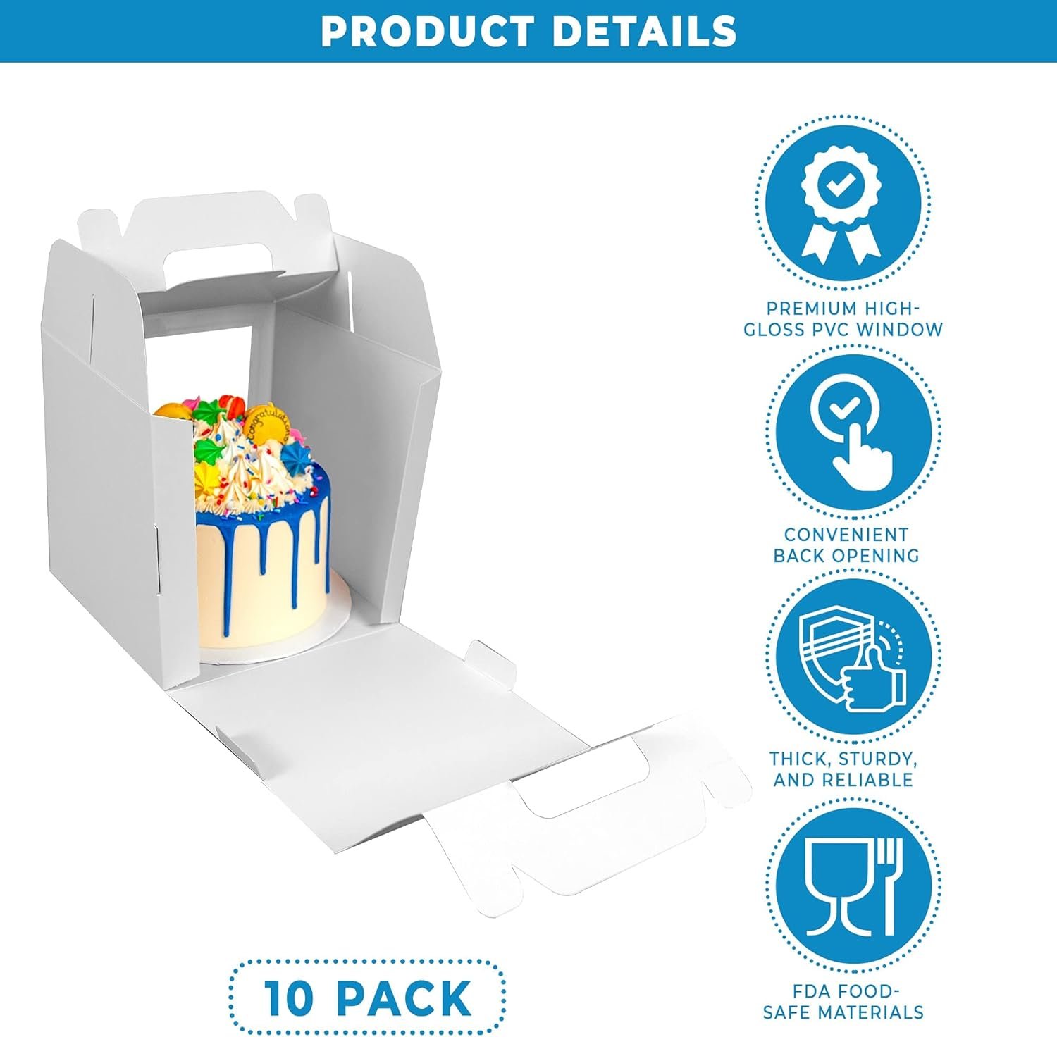 Caja desechable para pasteles altos con ventana y mango de 10 unidades de 8x8x8 pulgadas | Marca blanca y logo personalizado | Proveedor de envases para repostería Caja desechable para pasteles altos con ventana y mango de 10 unidades de 8x8x8 pulgadas | Marca blanca y logo personalizado | Proveedor de envases para repostería
