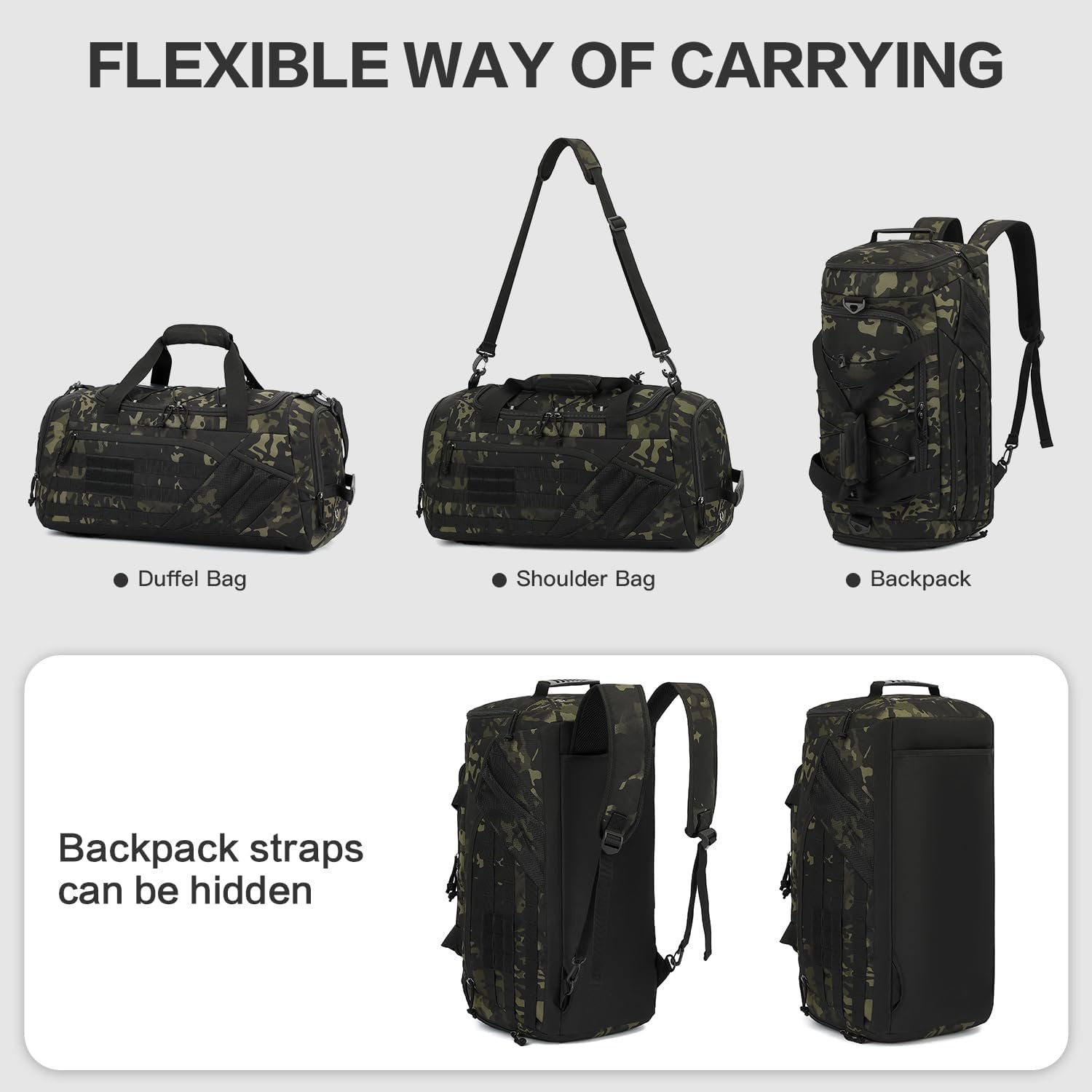 Logo Personalizado Mochila de viaje y gimnasio táctica 3-en-1 Multi-funcional 45L con compartimento para zapatos y bolsillo húmedo para entrenamiento fin de semana, Marca Blanca con webbing Molle, Proveedor de equipo deportivo. Logo Personalizado Mochila de viaje y gimnasio táctica 3-en-1 Multi-funcional 45L con compartimento para zapatos y bolsillo húmedo para entrenamiento fin de semana, Marca Blanca con webbing Molle, Proveedor de equipo deportivo.