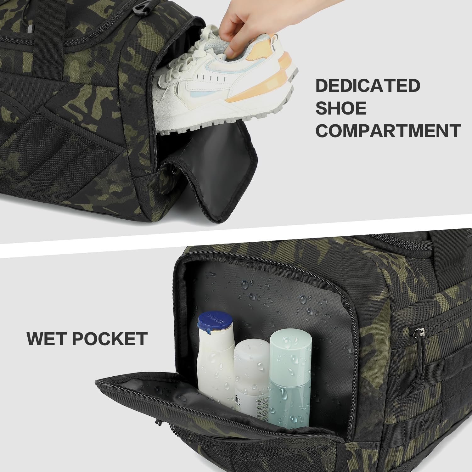 Logo Personalizado Mochila de viaje y gimnasio táctica 3-en-1 Multi-funcional 45L con compartimento para zapatos y bolsillo húmedo para entrenamiento fin de semana, Marca Blanca con webbing Molle, Proveedor de equipo deportivo. Logo Personalizado Mochila de viaje y gimnasio táctica 3-en-1 Multi-funcional 45L con compartimento para zapatos y bolsillo húmedo para entrenamiento fin de semana, Marca Blanca con webbing Molle, Proveedor de equipo deportivo.