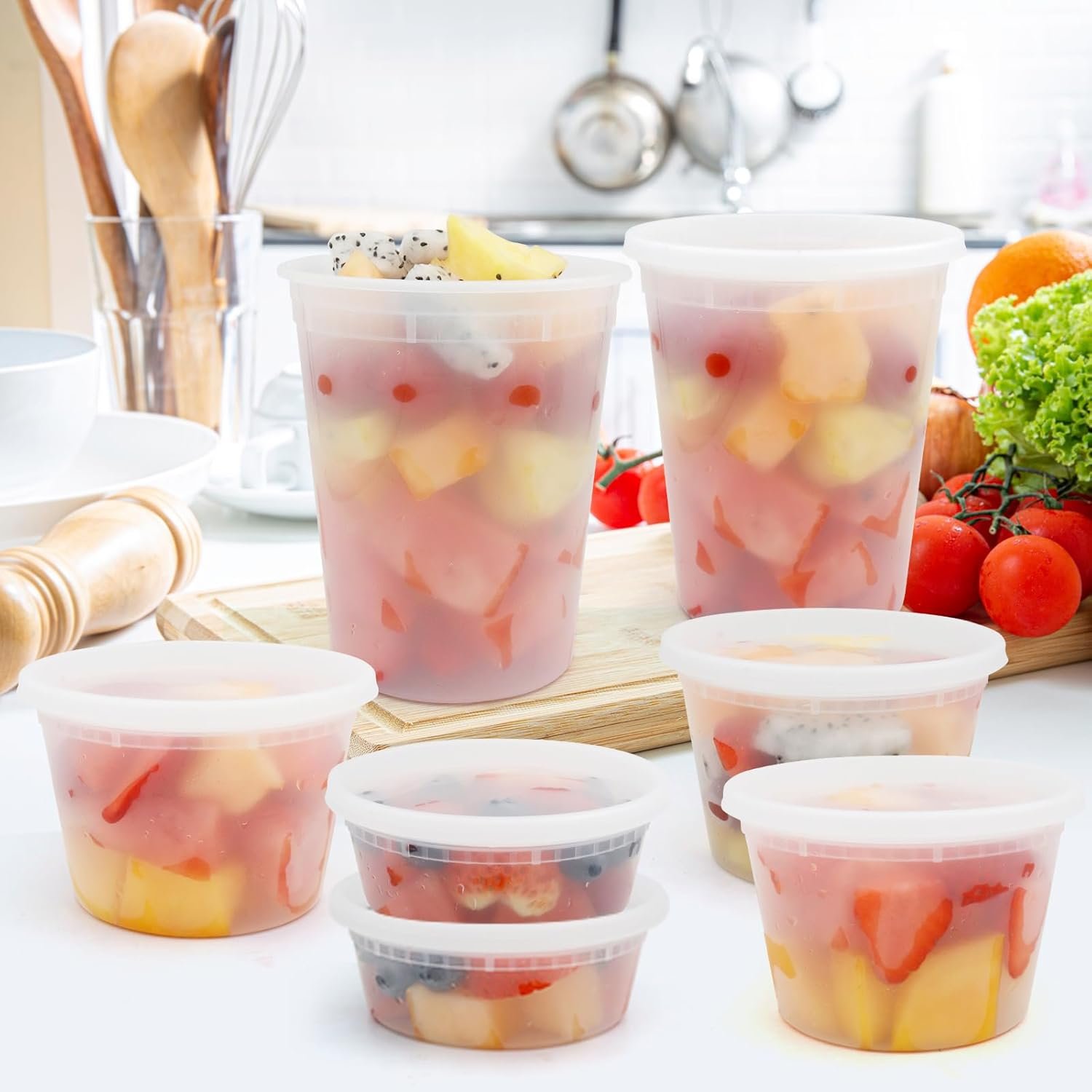 Contenedores Deli desechables con tapa, 48 sets de 8oz, 16oz y 32oz - Recipientes de plástico para alimentos, a prueba de fugas, libres de BPA, aptos para microondas, congelador y lavavajillas, Marca Blanca de Fábrica. Contenedores Deli desechables con tapa, 48 sets de 8oz, 16oz y 32oz - Recipientes de plástico para alimentos, a prueba de fugas, libres de BPA, aptos para microondas, congelador y lavavajillas, Marca Blanca de Fábrica.