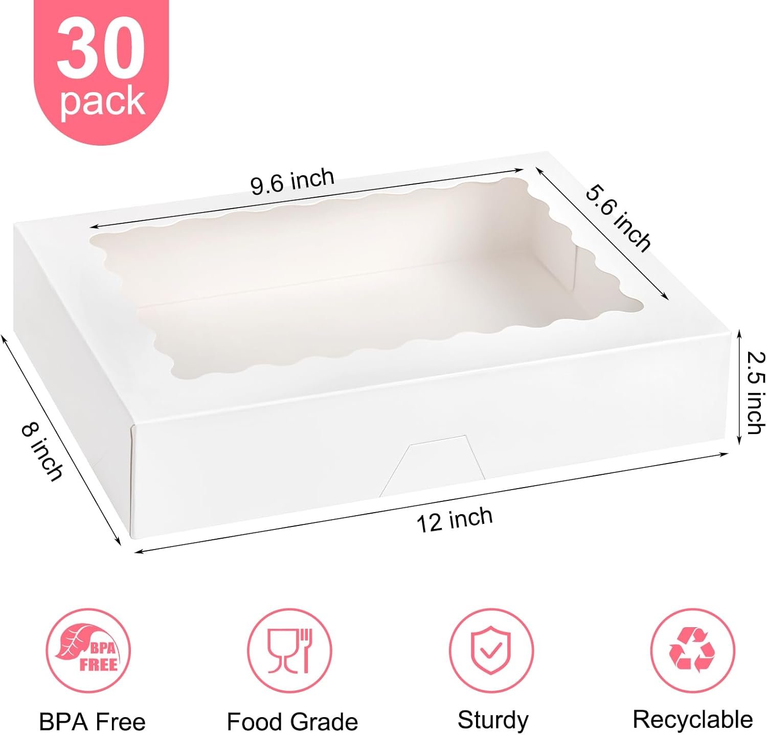 Cajas de pastelería 30 PCS con ventana, 12 x 8 x 2.5 pulgadas, para galletas, muffins, donas y fresas cubiertas de chocolate, Marca blanca con logo personalizado, Proveedor de soluciones para dulces.