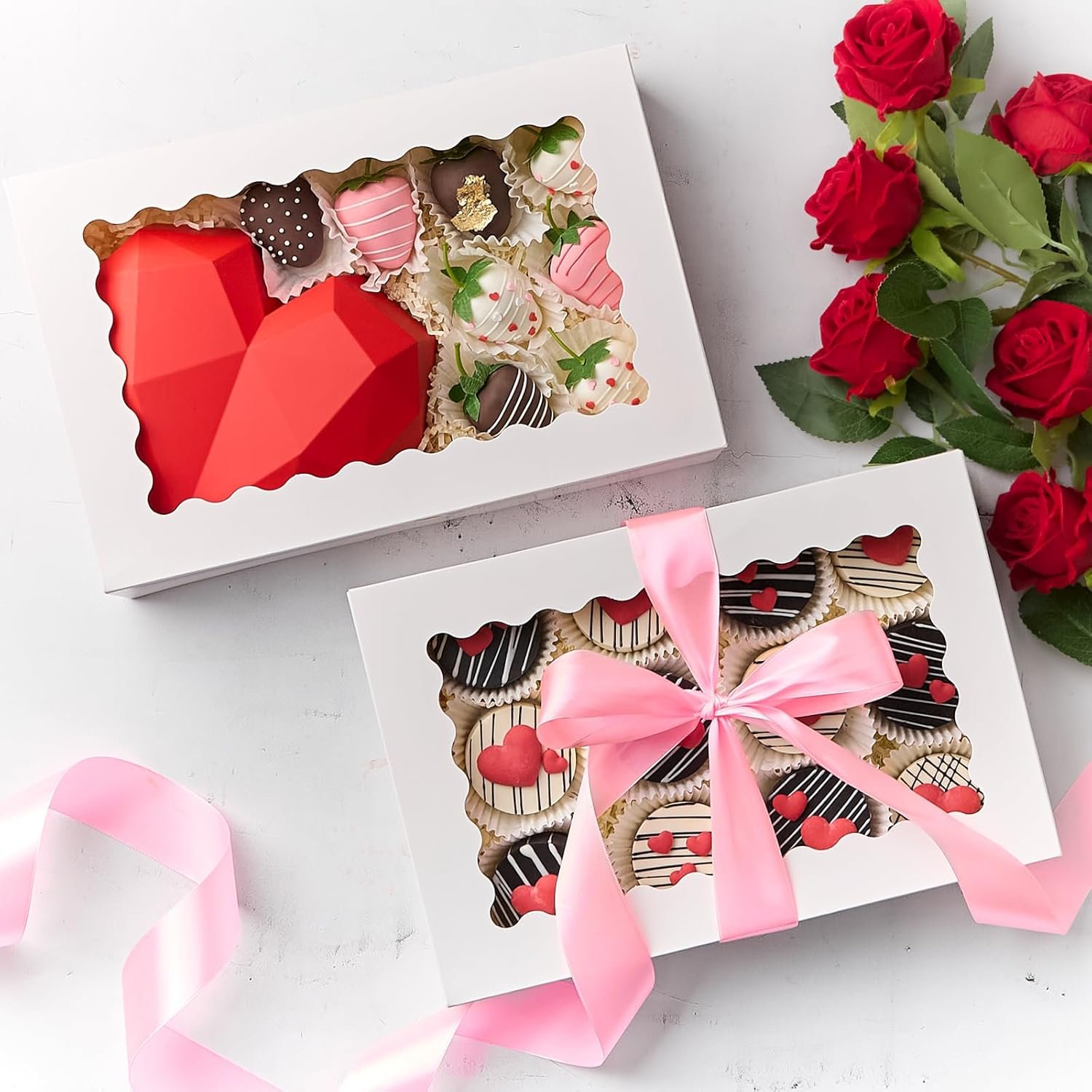 Cajas de pastelería 30 PCS con ventana, 12 x 8 x 2.5 pulgadas, para galletas, muffins, donas y fresas cubiertas de chocolate, Marca blanca con logo personalizado, Proveedor de soluciones para dulces.