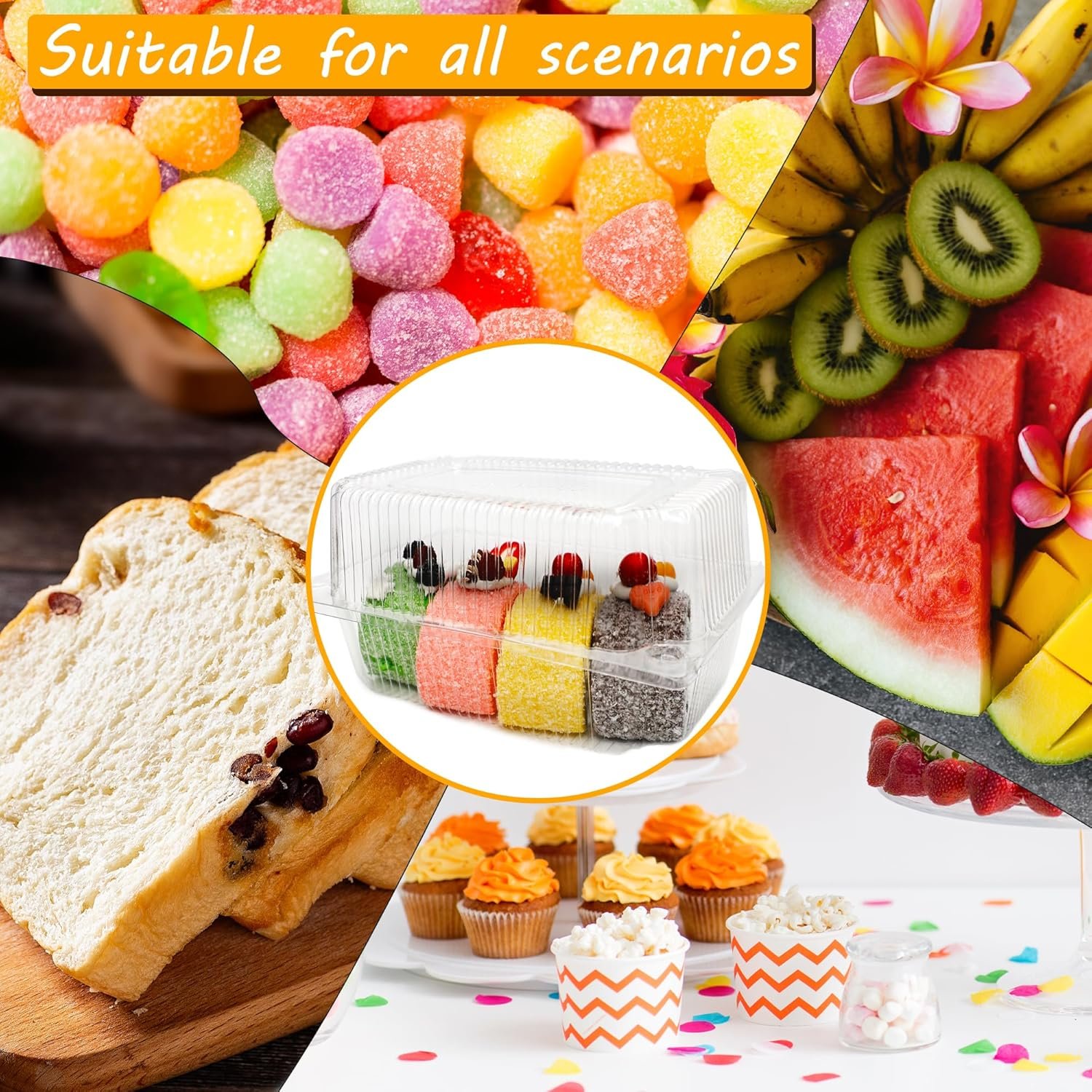 Logo Personalizado Contenedores de Plástico Transparente desechables 120 Pack 7.28 x 4.92 x 3.82 pulgadas tipo clamshell para pasteles, sándwiches, pasteles, galletas y postres, Proveedor ideal para Marca Blanca. Logo Personalizado Contenedores de Plástico Transparente desechables 120 Pack 7.28 x 4.92 x 3.82 pulgadas tipo clamshell para pasteles, sándwiches, pasteles, galletas y postres, Proveedor ideal para Marca Blanca.