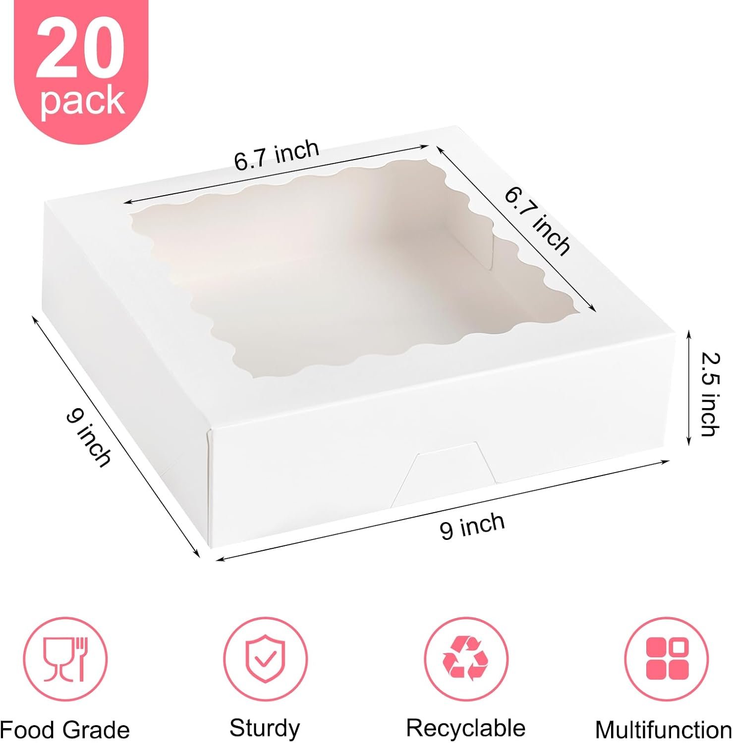 Caja de Pastelería 20 PCS, 9 x 9 x 2.5 Pulgadas, Cajas Blancas con Ventana, Cajas de Galletas Auto-Popup, Marca Blanca para Chocolates, Fábrica de Muffins y Donuts, Con Logo Personalizado.