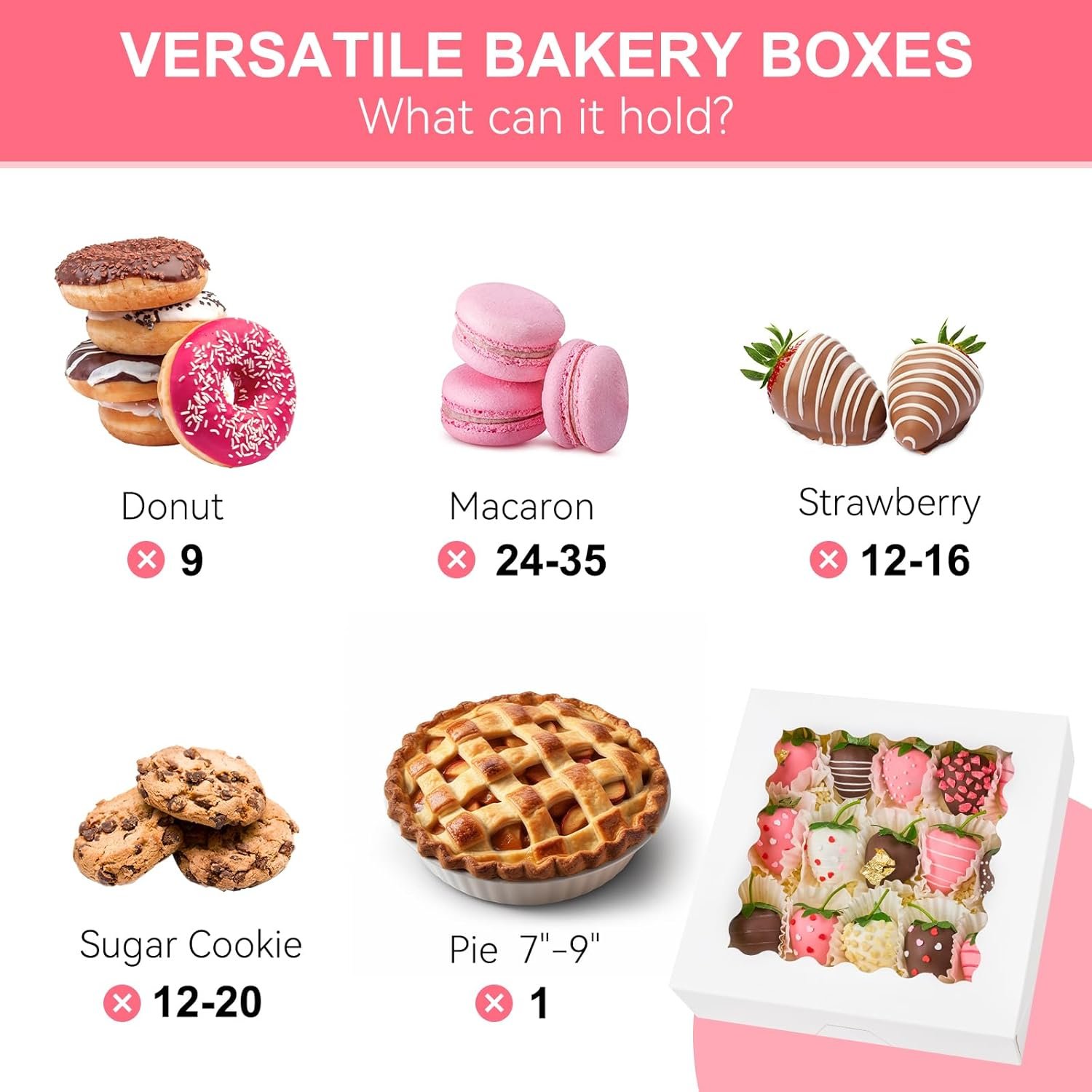 Caja de Pastelería 20 PCS, 9 x 9 x 2.5 Pulgadas, Cajas Blancas con Ventana, Cajas de Galletas Auto-Popup, Marca Blanca para Chocolates, Fábrica de Muffins y Donuts, Con Logo Personalizado.