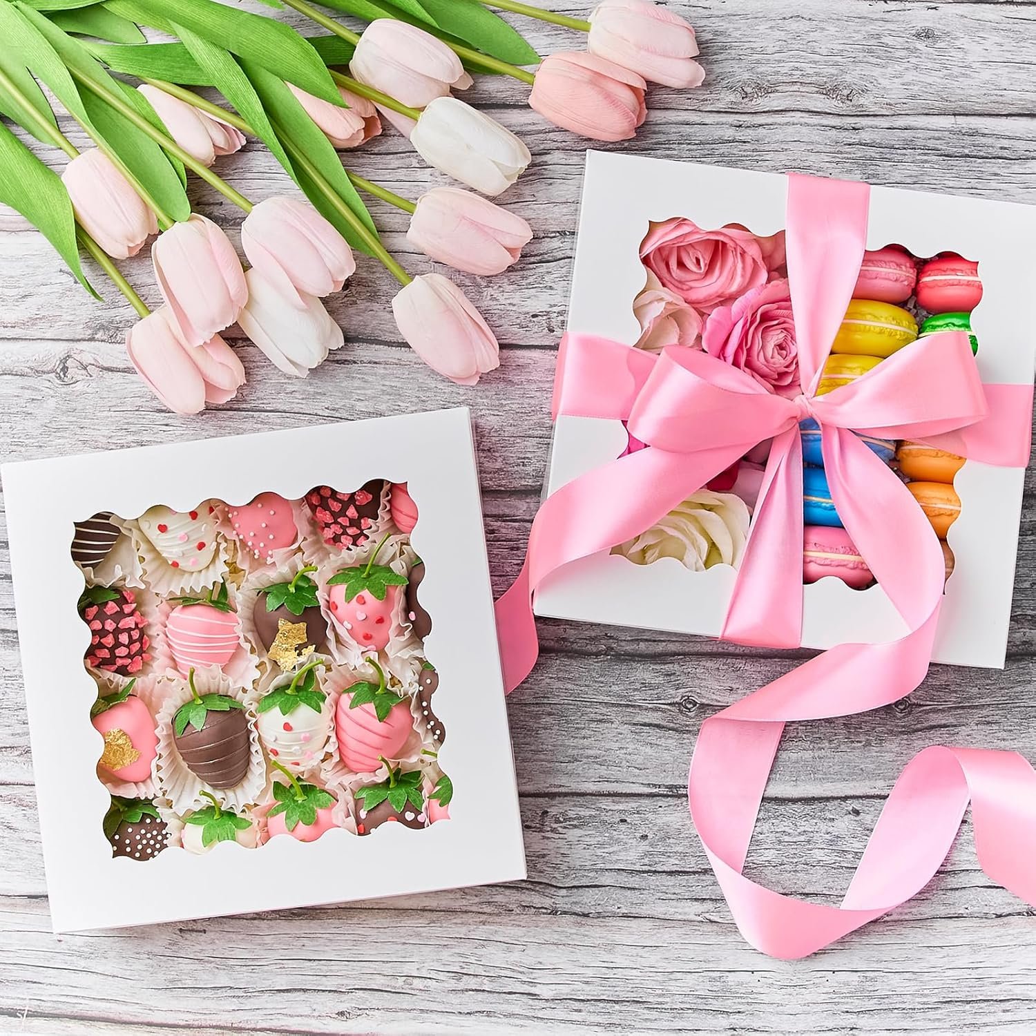 Caja de Pastelería 20 PCS, 9 x 9 x 2.5 Pulgadas, Cajas Blancas con Ventana, Cajas de Galletas Auto-Popup, Marca Blanca para Chocolates, Fábrica de Muffins y Donuts, Con Logo Personalizado.
