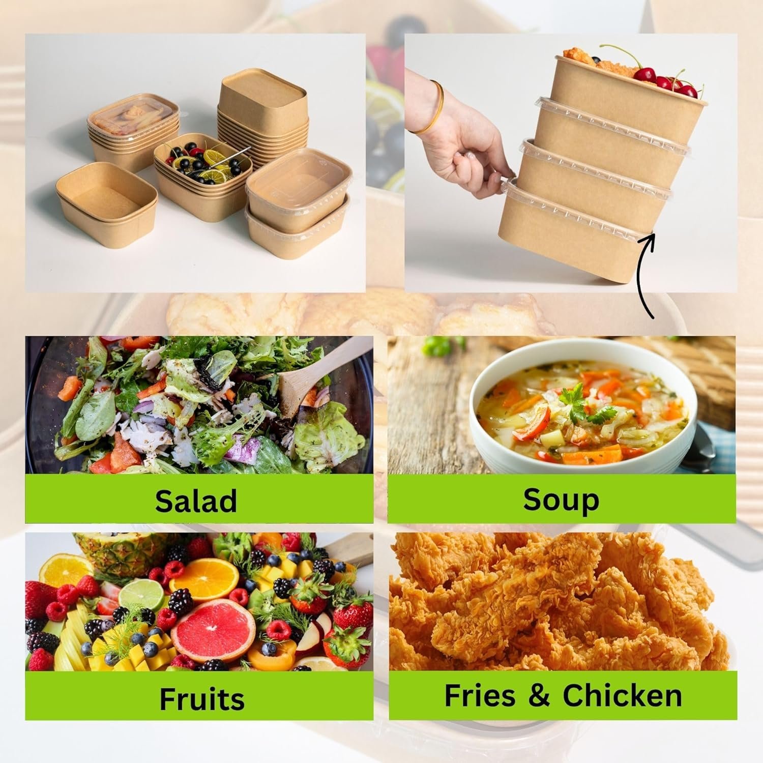 Contenedor desechable de comida de 17 oz con tapas, 50 sets de tazones de papel kraft compostables para sopa, fideos y acai aptos para microondas, cuenco a prueba de fugas para ensaladas, marca blanca de fabricante para almuerzos, fiestas y comida para llevar.