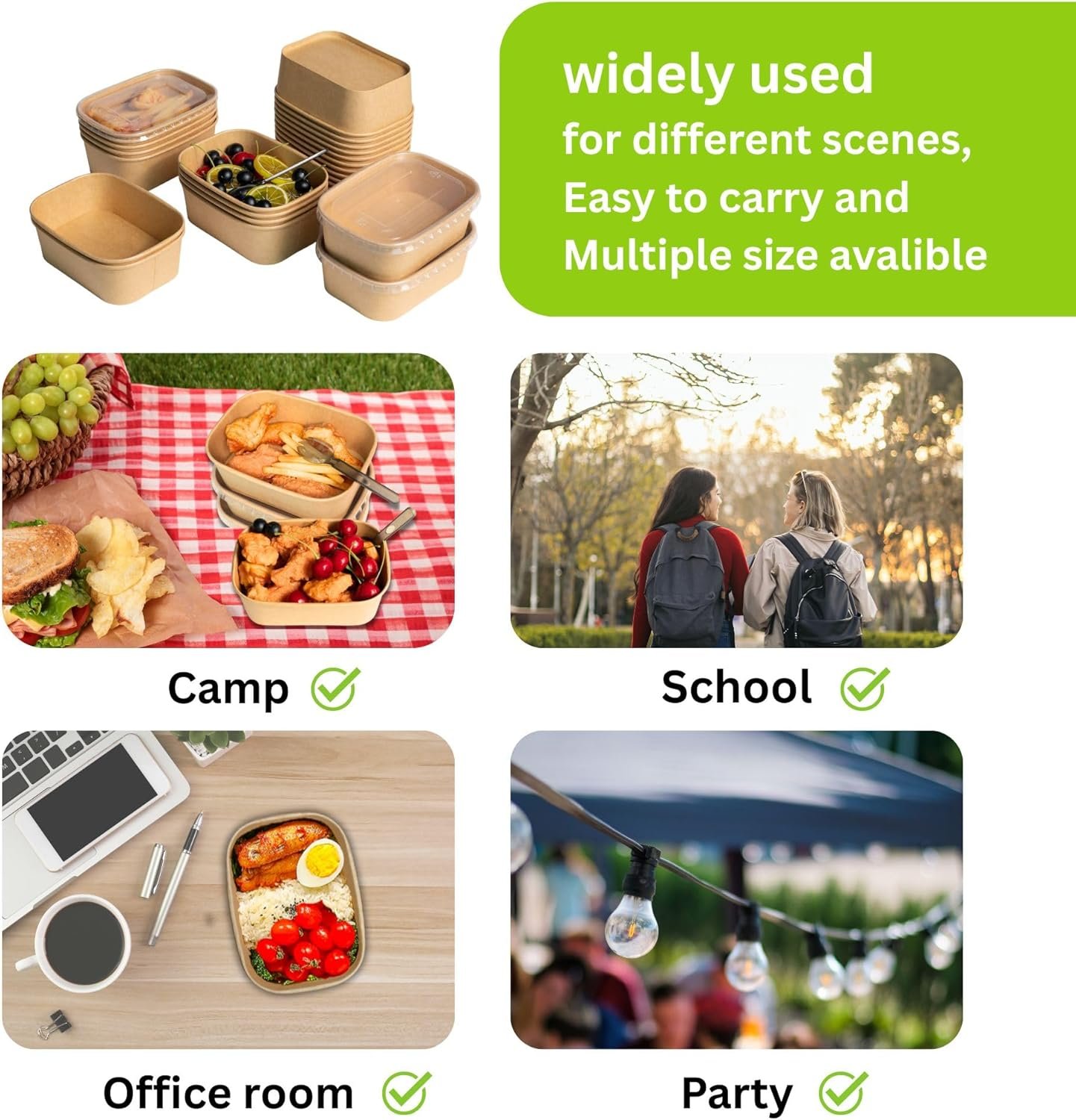 Contenedor desechable de comida de 17 oz con tapas, 50 sets de tazones de papel kraft compostables para sopa, fideos y acai aptos para microondas, cuenco a prueba de fugas para ensaladas, marca blanca de fabricante para almuerzos, fiestas y comida para llevar.