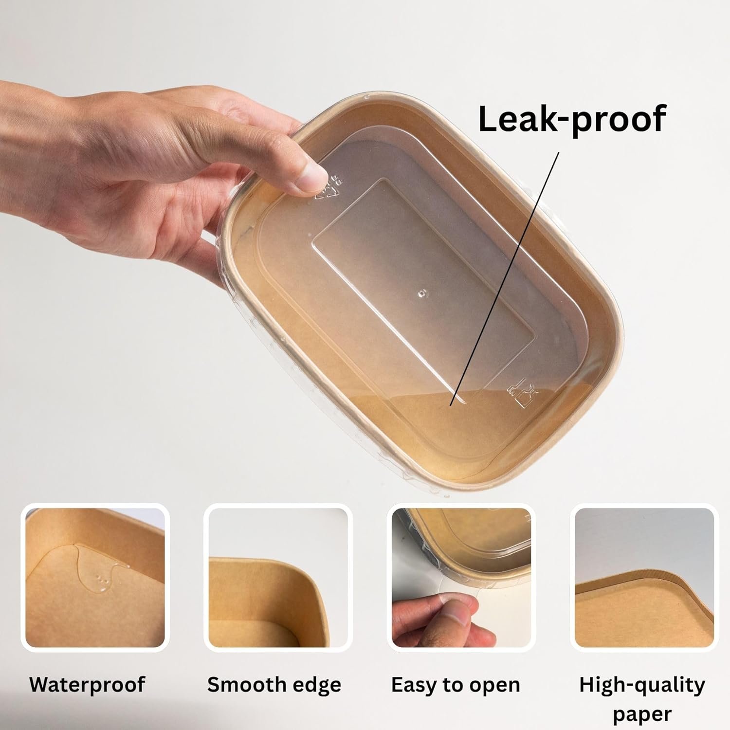 Contenedor desechable de comida de 17 oz con tapas, 50 sets de tazones de papel kraft compostables para sopa, fideos y acai aptos para microondas, cuenco a prueba de fugas para ensaladas, marca blanca de fabricante para almuerzos, fiestas y comida para llevar.