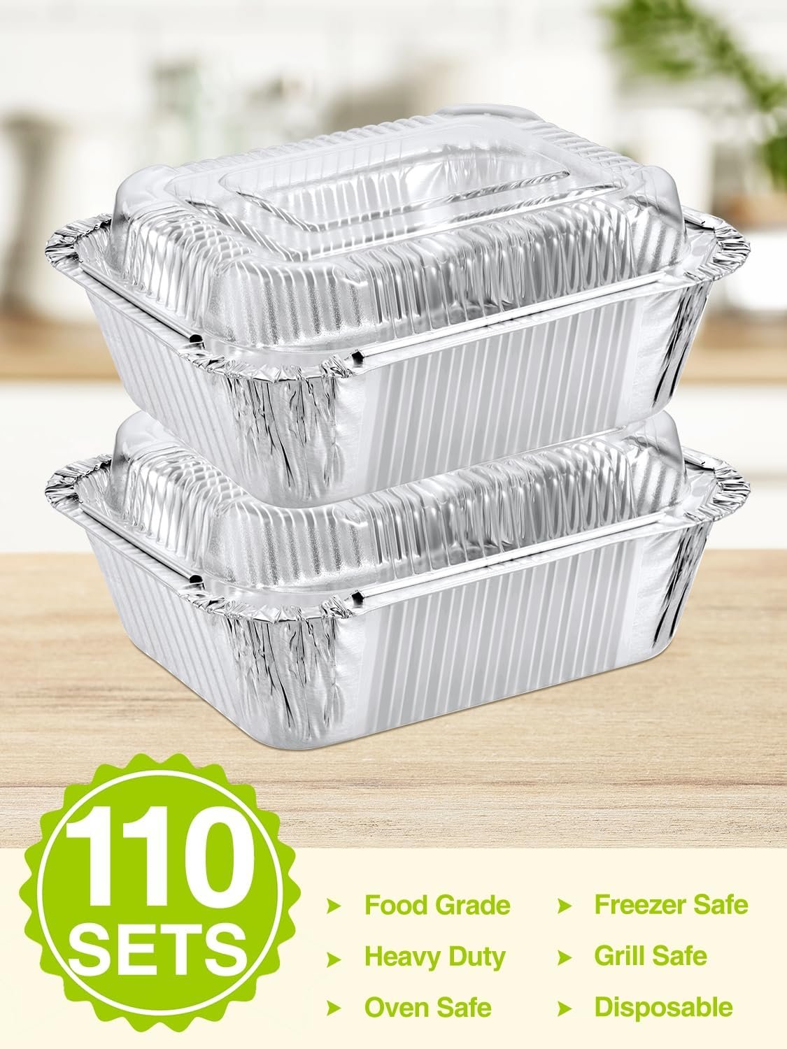 Logo Personalizado 110 Paquete de Bandejas de Aluminio Desechables de 5x4 con Tapas en Cúpula - Contenedores para Comida para Llevar - 1lb Mini Bandejas de Aluminio para Preparación de Comidas, Cocción, Asado, Calentamiento y Horneado - Marca Blanca Proveedor