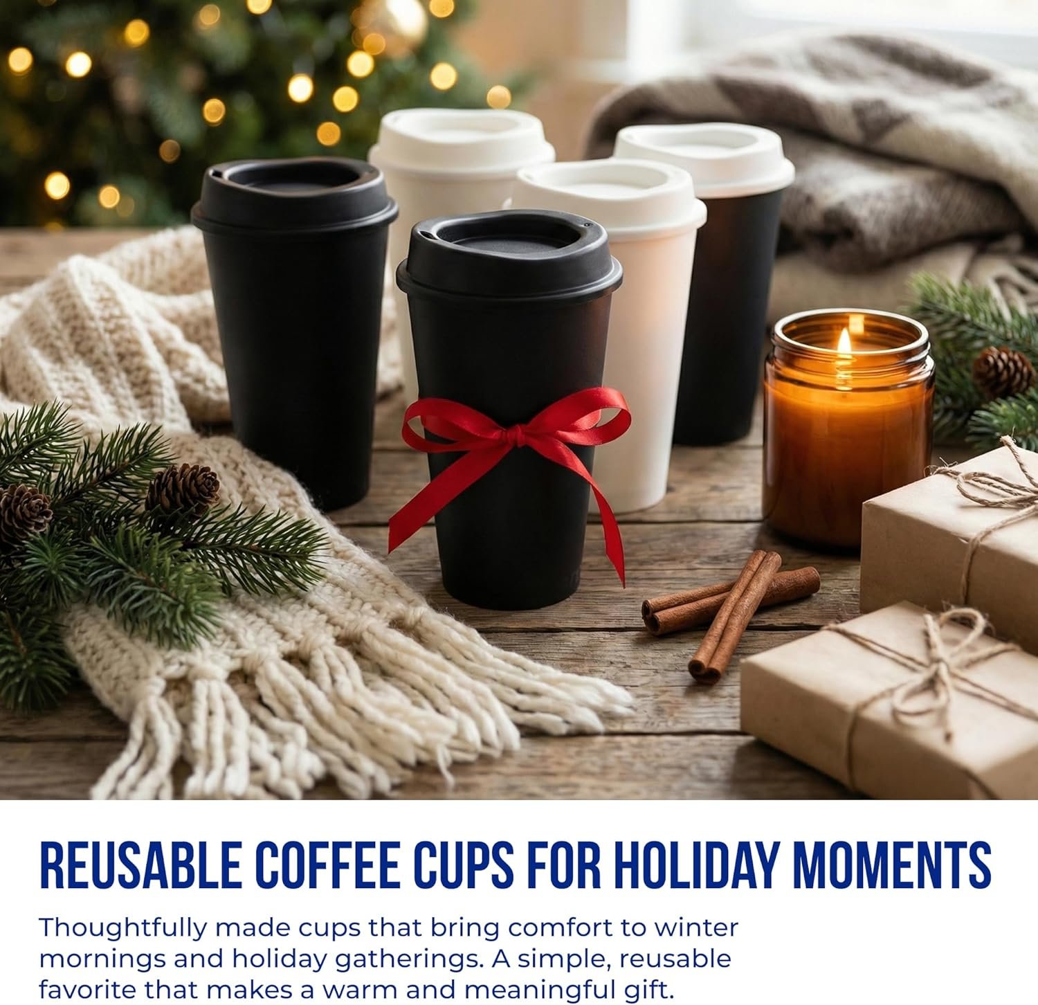 Tazas de café reutilizables de 16 oz con tapa 6 Pk, ideales para bebidas calientes o frías, aptas para lavavajillas y microondas, con logo personalizado, envases de marca blanca, proveedor de tazas blancas con tapas negras.