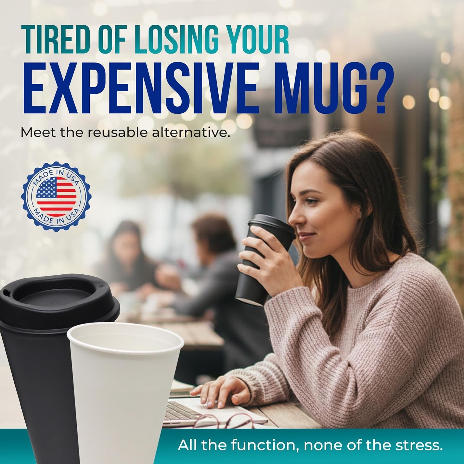 Tazas de café reutilizables de 16 oz con tapa 6 Pk, ideales para bebidas calientes o frías, aptas para lavavajillas y microondas, con logo personalizado, envases de marca blanca, proveedor de tazas blancas con tapas negras.