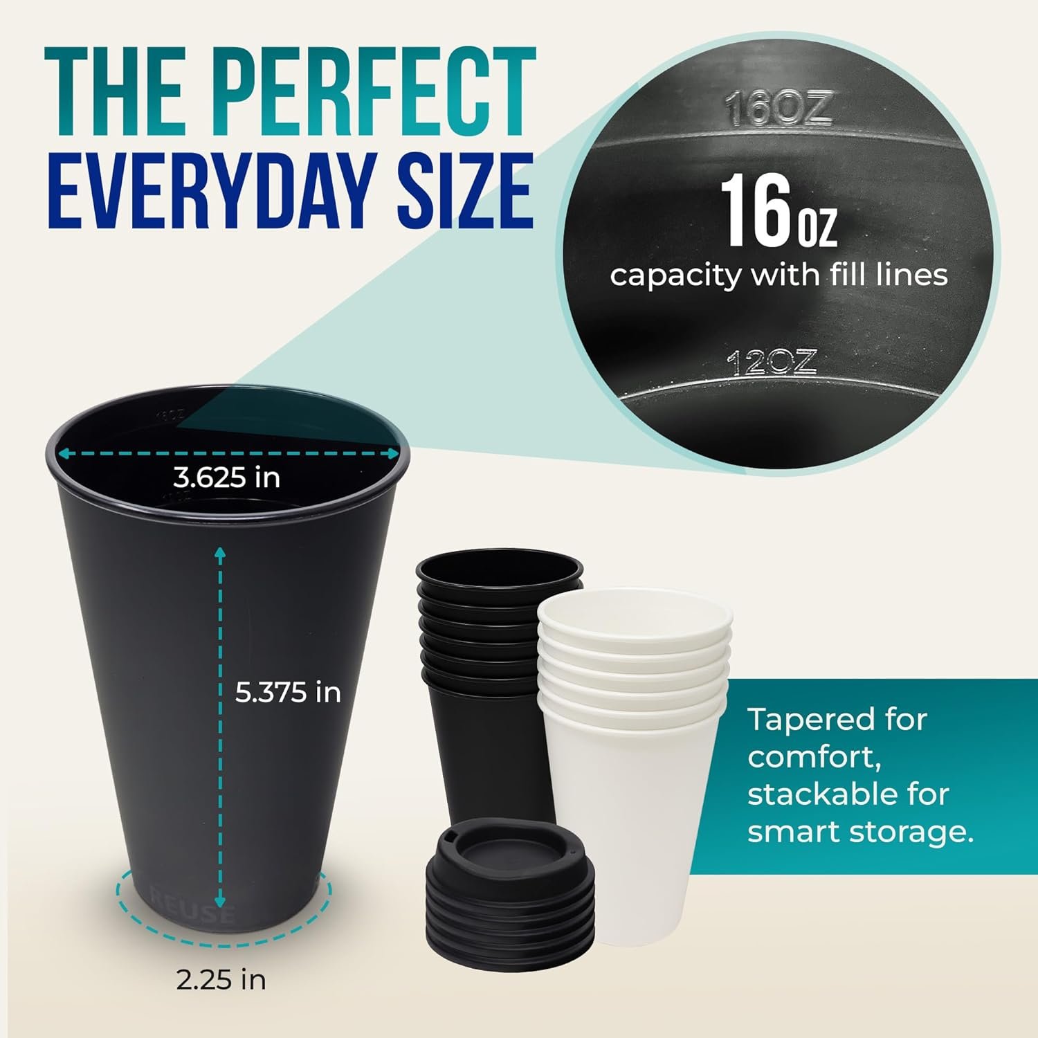 Tazas de café reutilizables de 16 oz con tapa 6 Pk, ideales para bebidas calientes o frías, aptas para lavavajillas y microondas, con logo personalizado, envases de marca blanca, proveedor de tazas blancas con tapas negras.