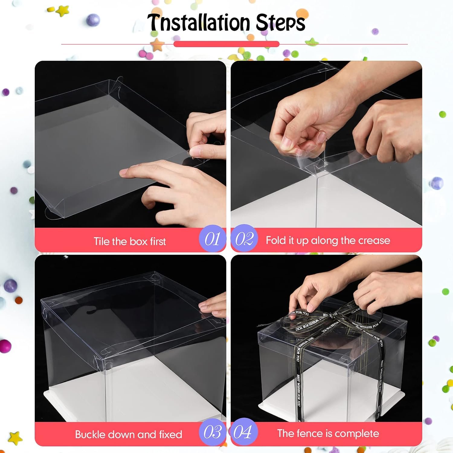 Caja de pastel transparente de 10 x 10 x 9 pulgadas con cinta, Pack de 4 unidades para bodas, cumpleaños y aniversarios, con opción de Logo Personalizado, ideal para exhibición de postres, Fabricante especializado en soluciones de empaque.