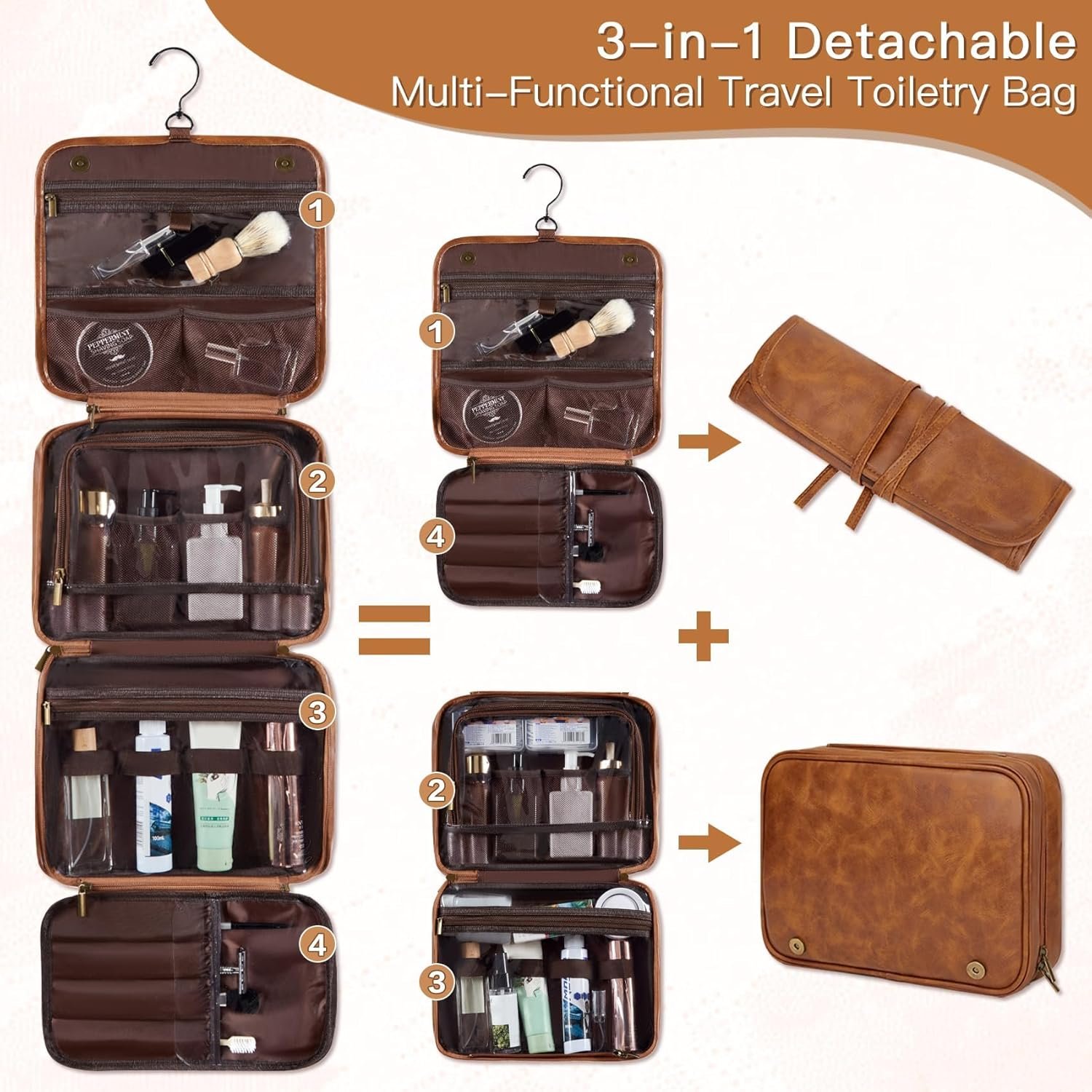 Logo Personalizado Neceser de Aseo Colgante, Regalos de Viaje para Hombres, 3 en 1 Grande, Bolsa de Afeitar de PU Impermeable con Iniciales Grabadas, Regalos de San Valentín y Cumpleaños para Papá, Esposo, Marrón Claro M - Proveedor
