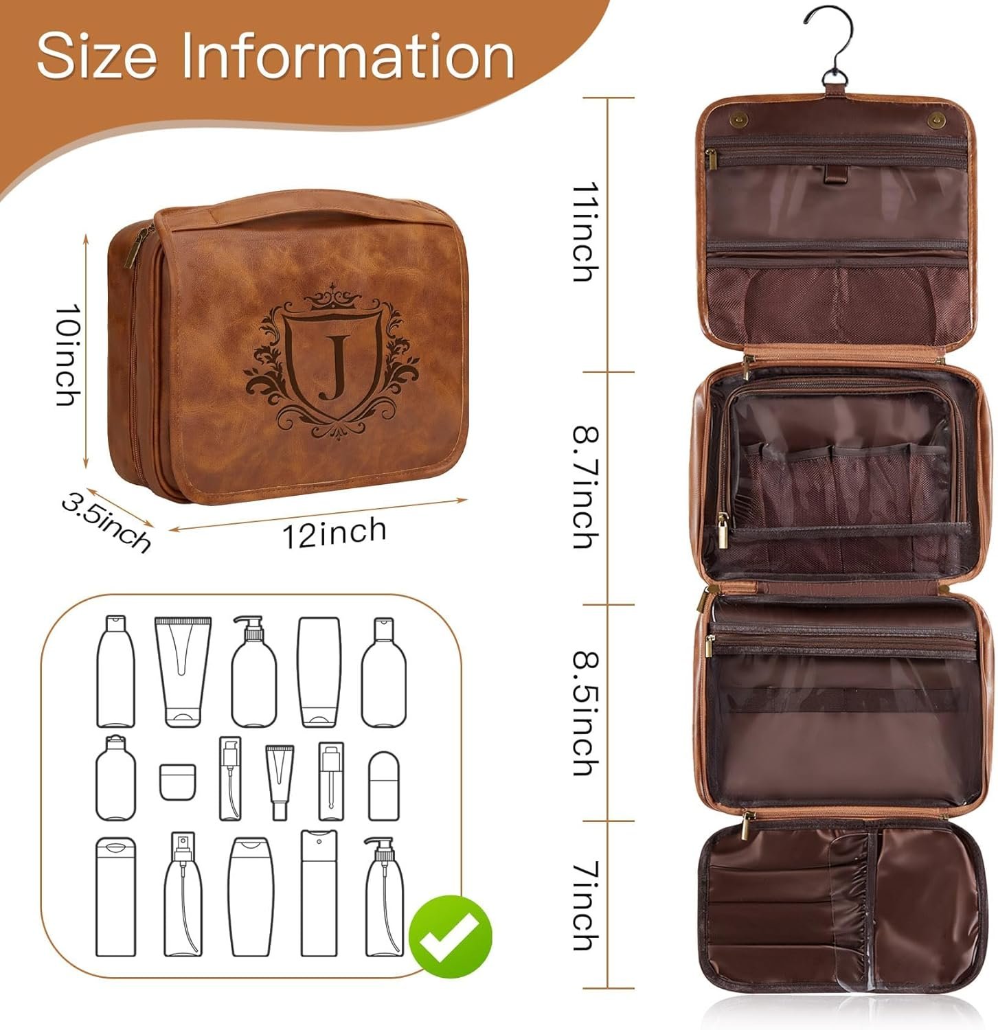 Logo Personalizado Neceser de Aseo Colgante, Regalos de Viaje para Hombres, 3 en 1 Grande, Bolsa de Afeitar de PU Impermeable con Iniciales Grabadas, Regalos de San Valentín y Cumpleaños para Papá, Esposo, Marrón Claro M - Proveedor