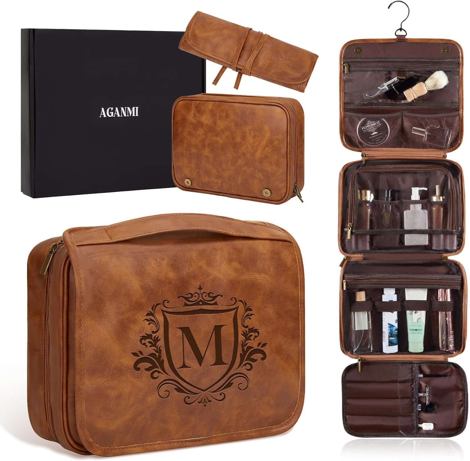 Logo Personalizado Neceser de Aseo Colgante, Regalos de Viaje para Hombres, 3 en 1 Grande, Bolsa de Afeitar de PU Impermeable con Iniciales Grabadas, Regalos de San Valentín y Cumpleaños para Papá, Esposo, Marrón Claro M - Proveedor