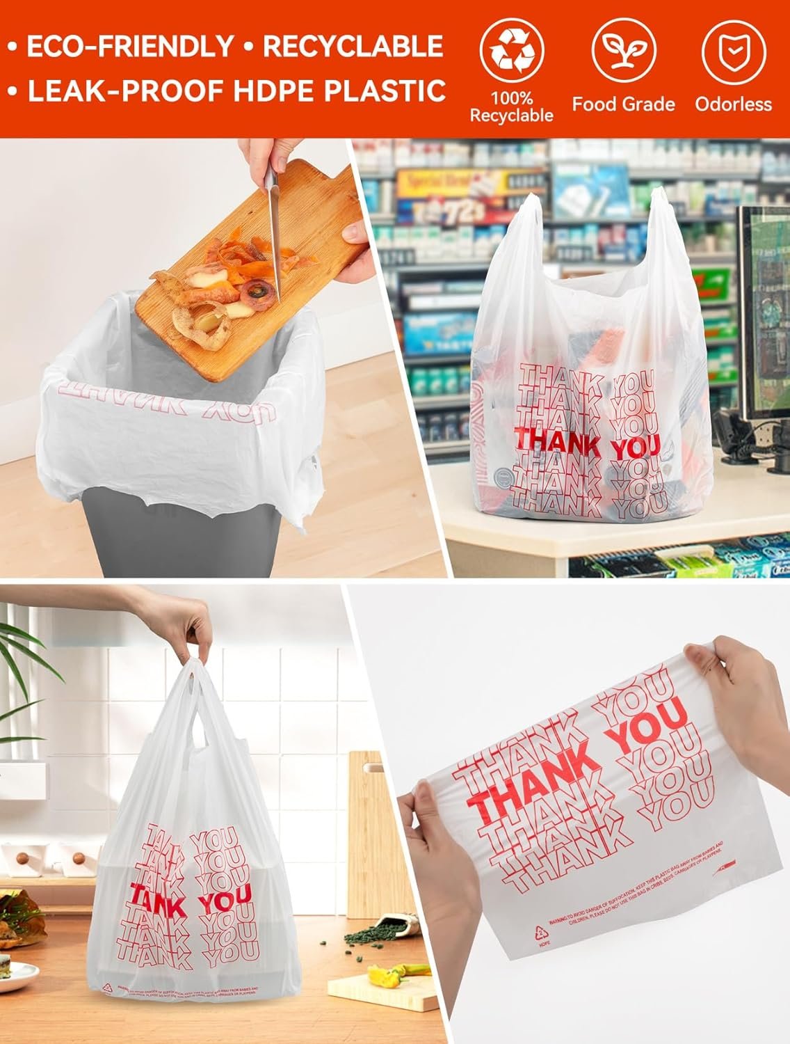 Bolsas plásticas de agradecimiento blancas con asas, 300 unidades, 12