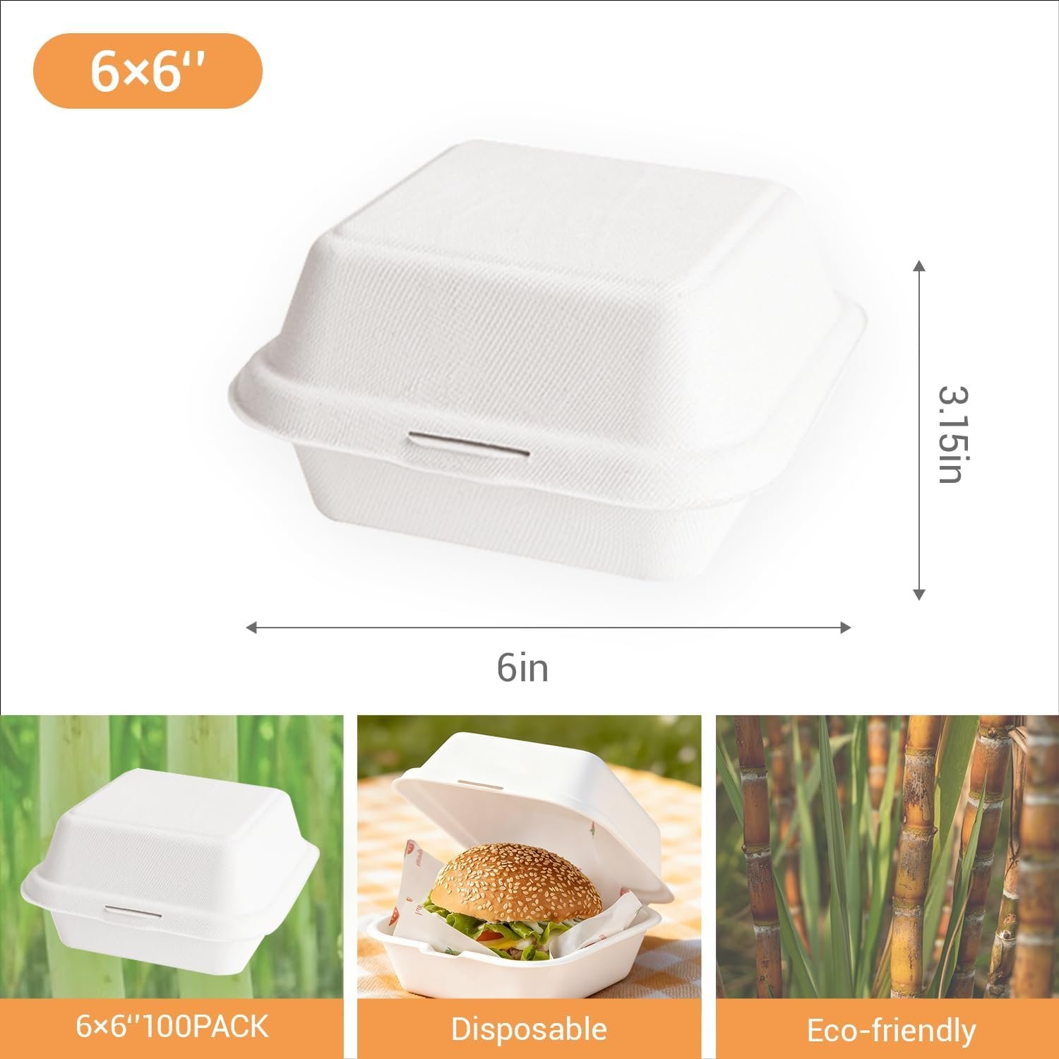 Envase para comida para llevar con tapa flip, 100 piezas, 6