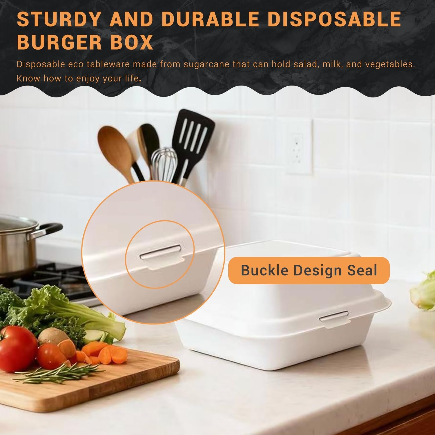 Envase para comida para llevar con tapa flip, 100 piezas, 6