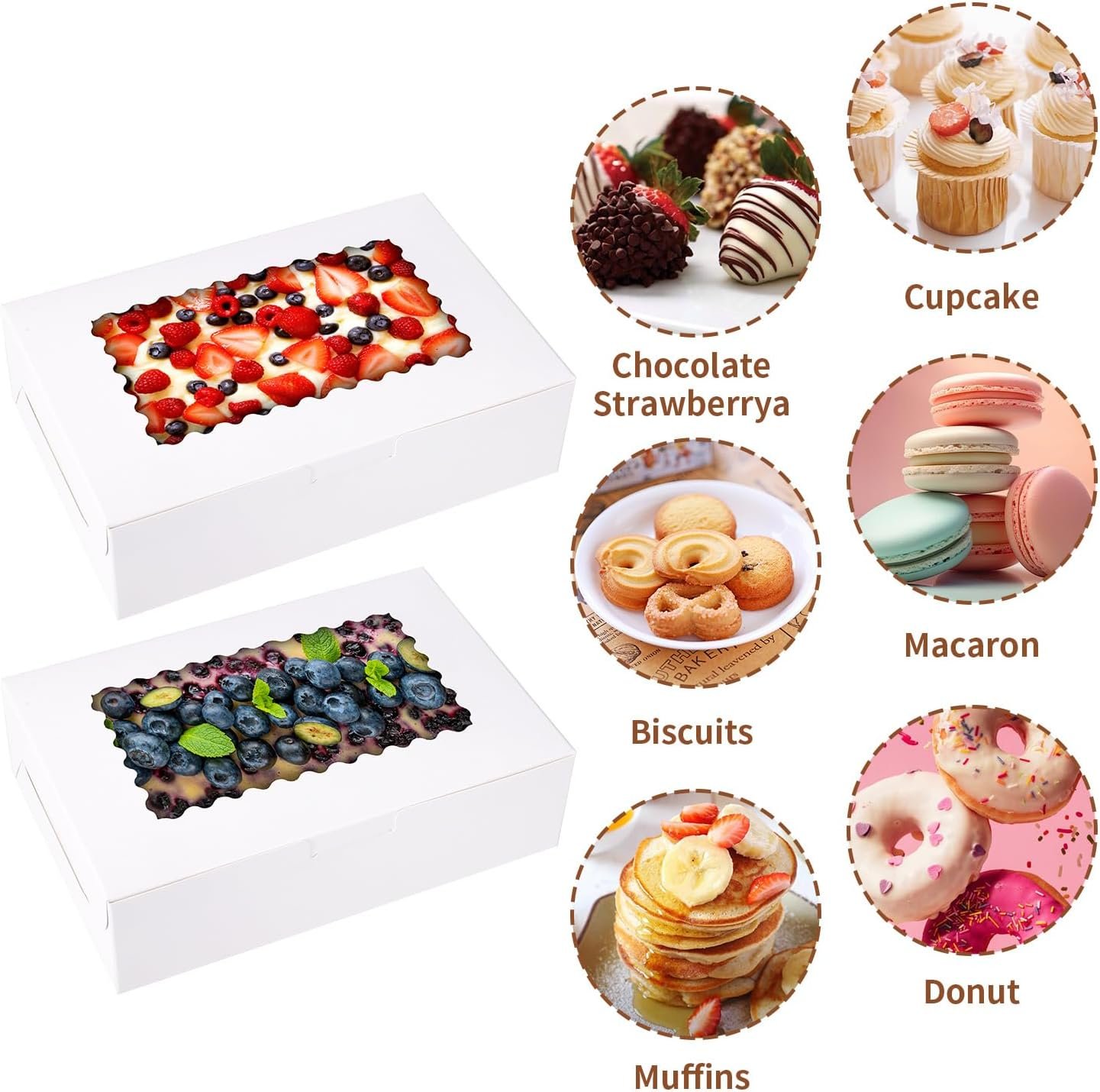 Cajas de galletas de 36 piezas, 9x6x2.5 pulgadas, con ventana para pasteles, chocolates, fresas, muffins, donas y postres navideños, logo personalizado, ideal para marca blanca, proveedor de empaques.