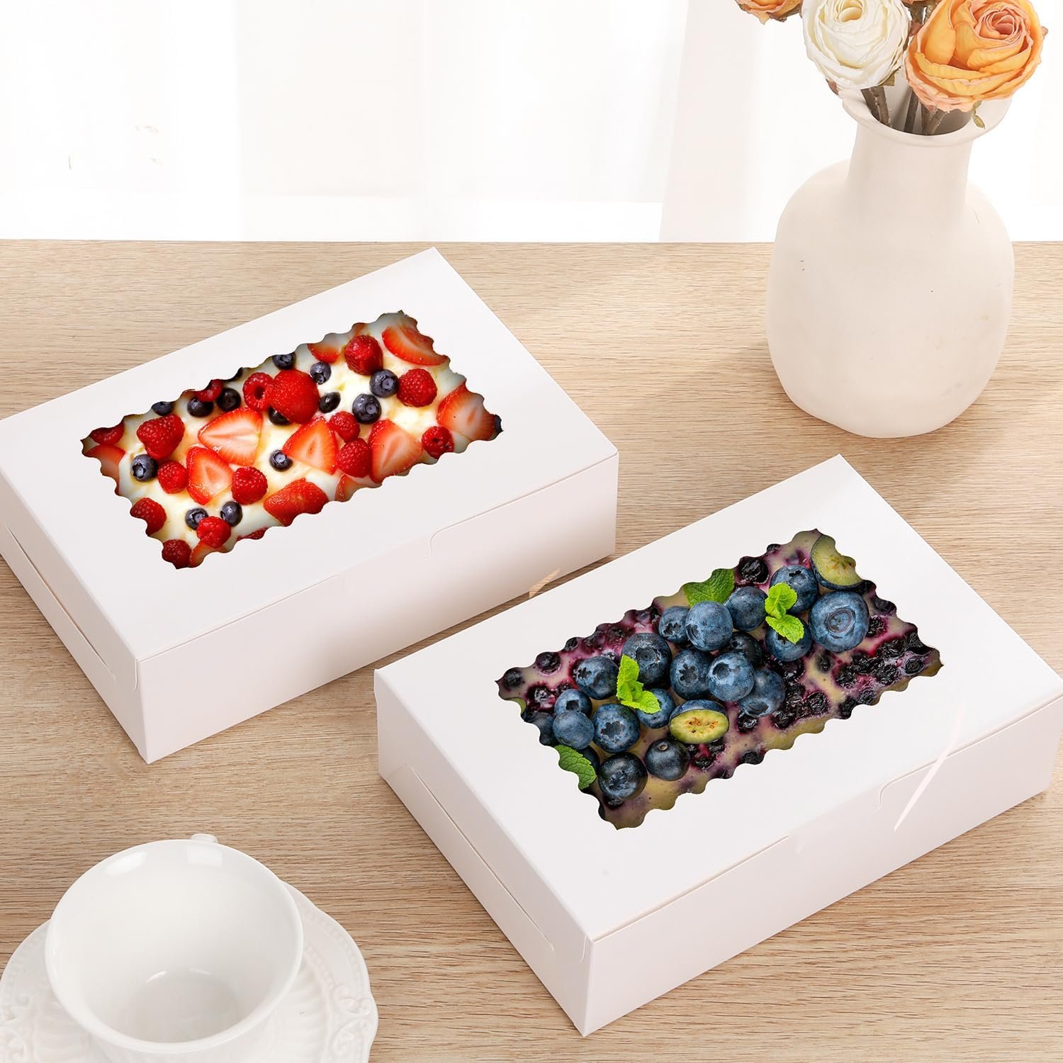 Cajas de galletas de 36 piezas, 9x6x2.5 pulgadas, con ventana para pasteles, chocolates, fresas, muffins, donas y postres navideños, logo personalizado, ideal para marca blanca, proveedor de empaques.