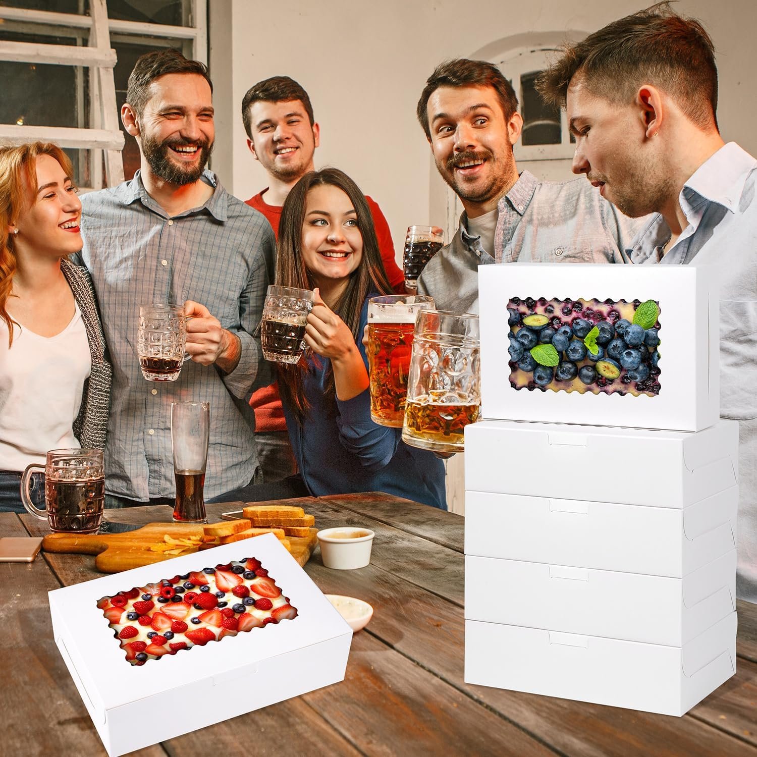 Cajas de galletas de 36 piezas, 9x6x2.5 pulgadas, con ventana para pasteles, chocolates, fresas, muffins, donas y postres navideños, logo personalizado, ideal para marca blanca, proveedor de empaques.
